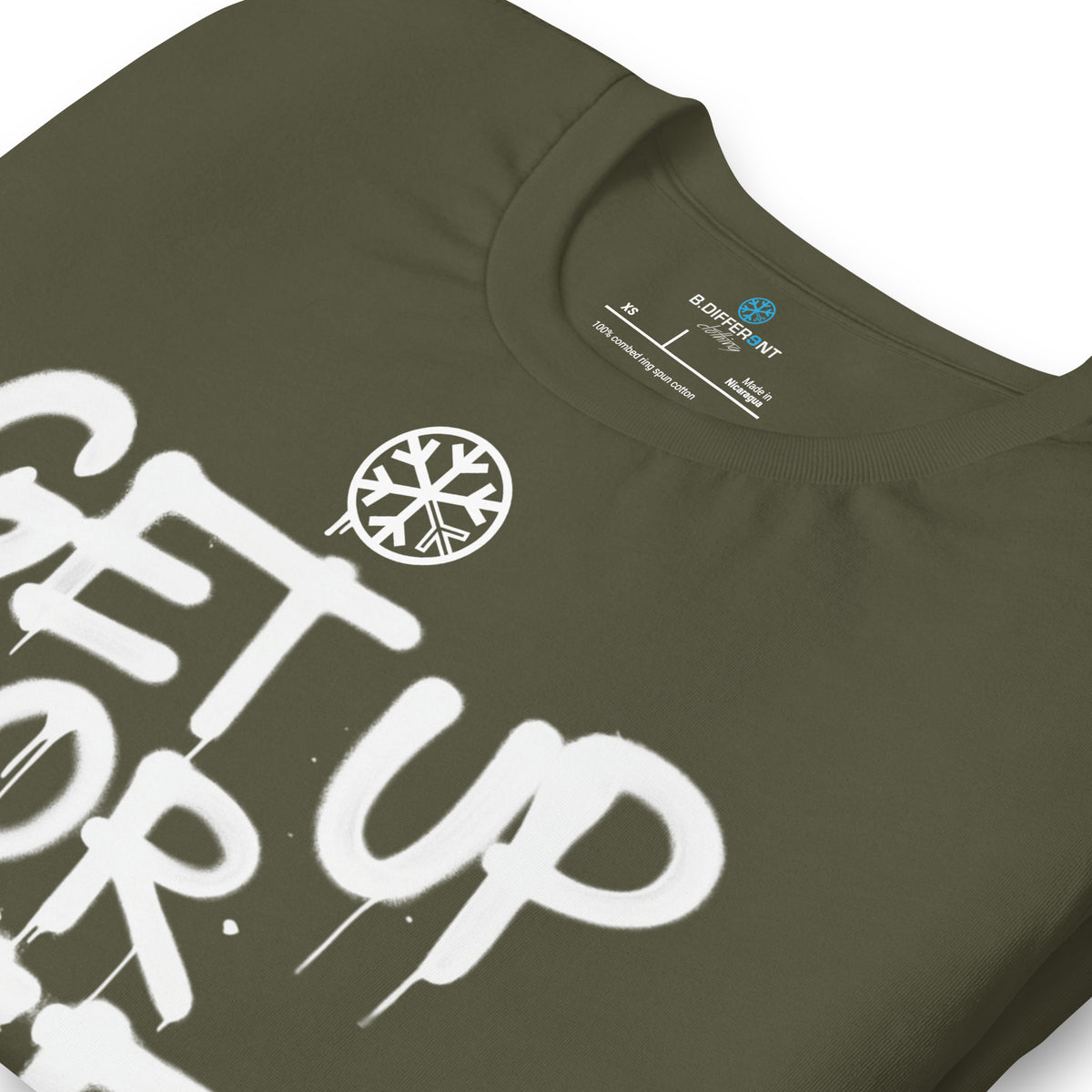 Green-Get Up or Die Graffiti Tag Tee from B.Different Clothing, detail, graffiti-inspired streetwear t-shirt