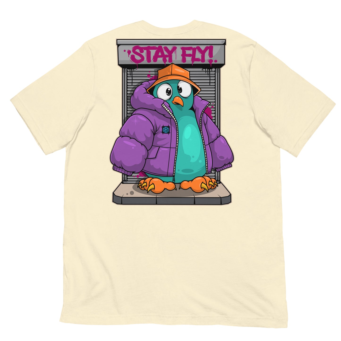 Beige-Stay Fly Graffiti Character Tee from B.Different Clothing, back view, graffiti-inspired streetwear t-shirt