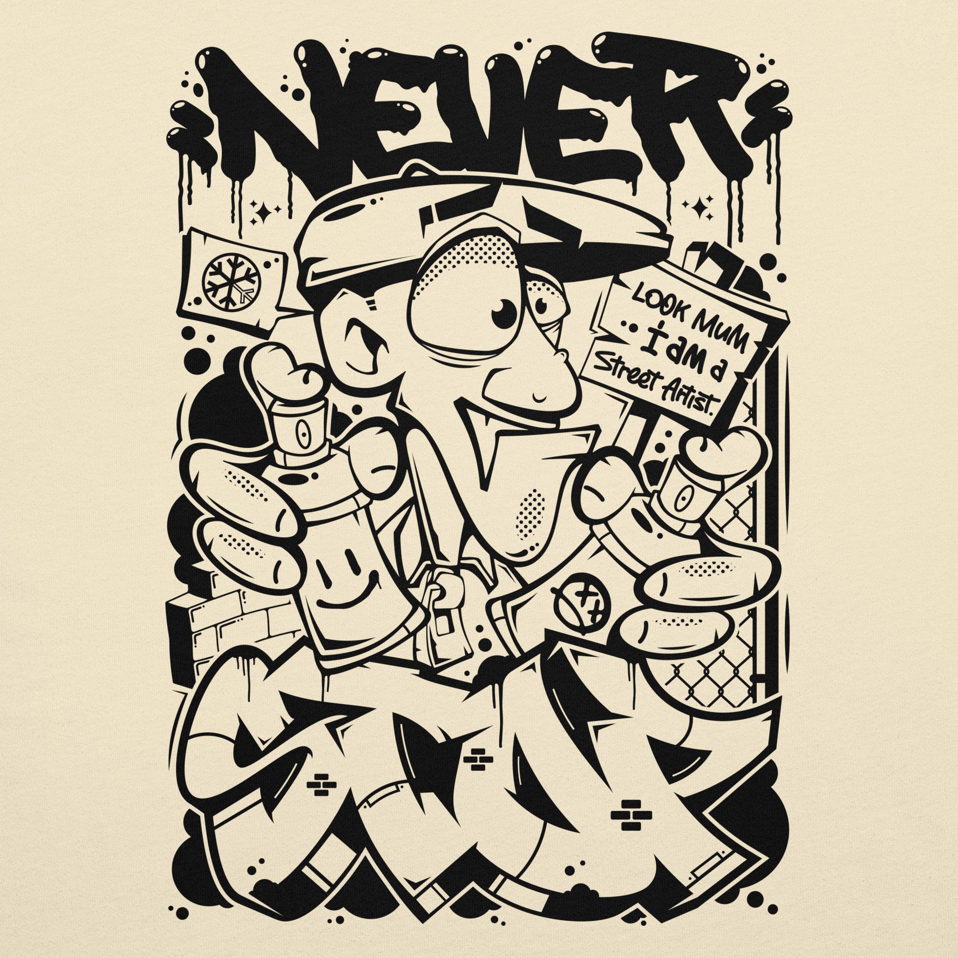 Beige-Never Stop Graffiti Character Tee from B.Different Clothing, graphic, graffiti-inspired streetwear t-shirt
