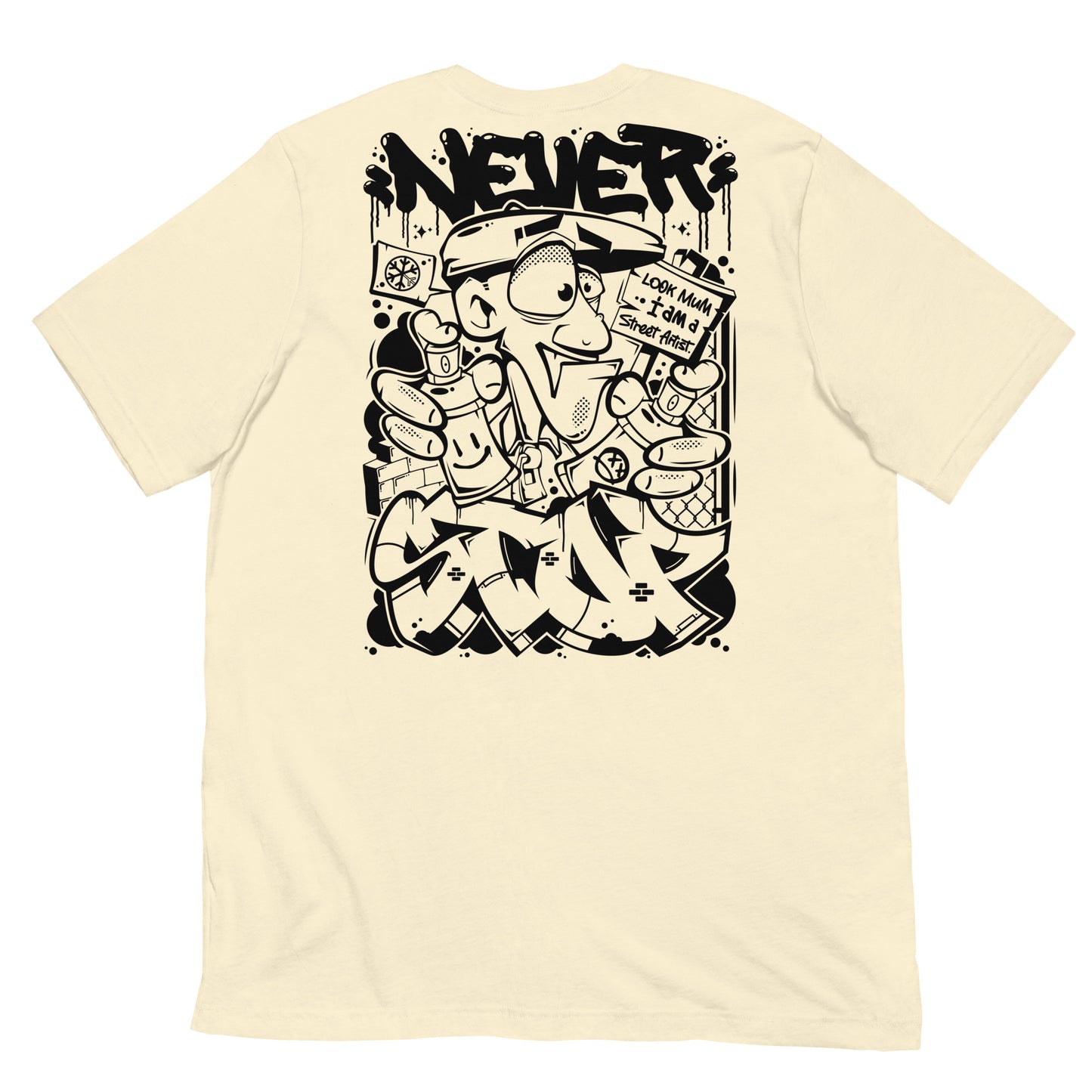 Beige-Never Stop Graffiti Character Tee from B.Different Clothing, back view, graffiti-inspired streetwear t-shirt