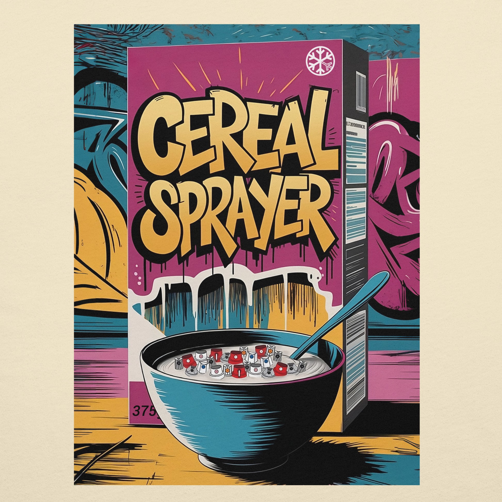 Beige-Cereal Sprayer Graffiti Tee from B.Different Clothing, graphic, graffiti-inspired streetwear t-shirt