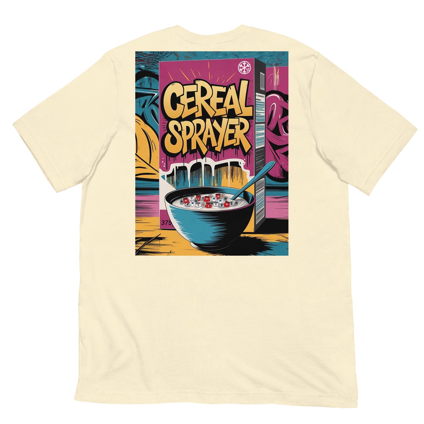 Beige-Cereal Sprayer Graffiti Tee from B.Different Clothing, back view, graffiti-inspired streetwear t-shirt