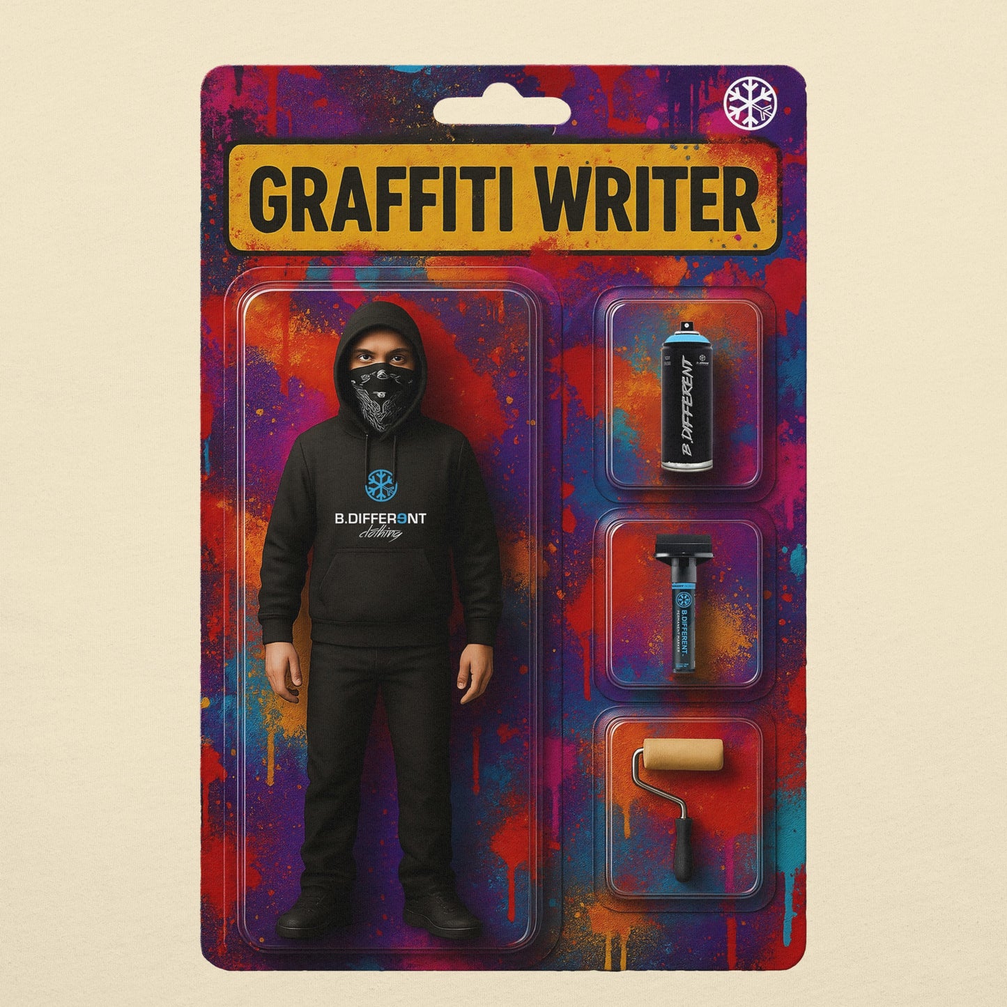 Beige-Graffiti Artist Action Figure Tee from B.Different Clothing, graphic, graffiti-inspired streetwear t-shirt