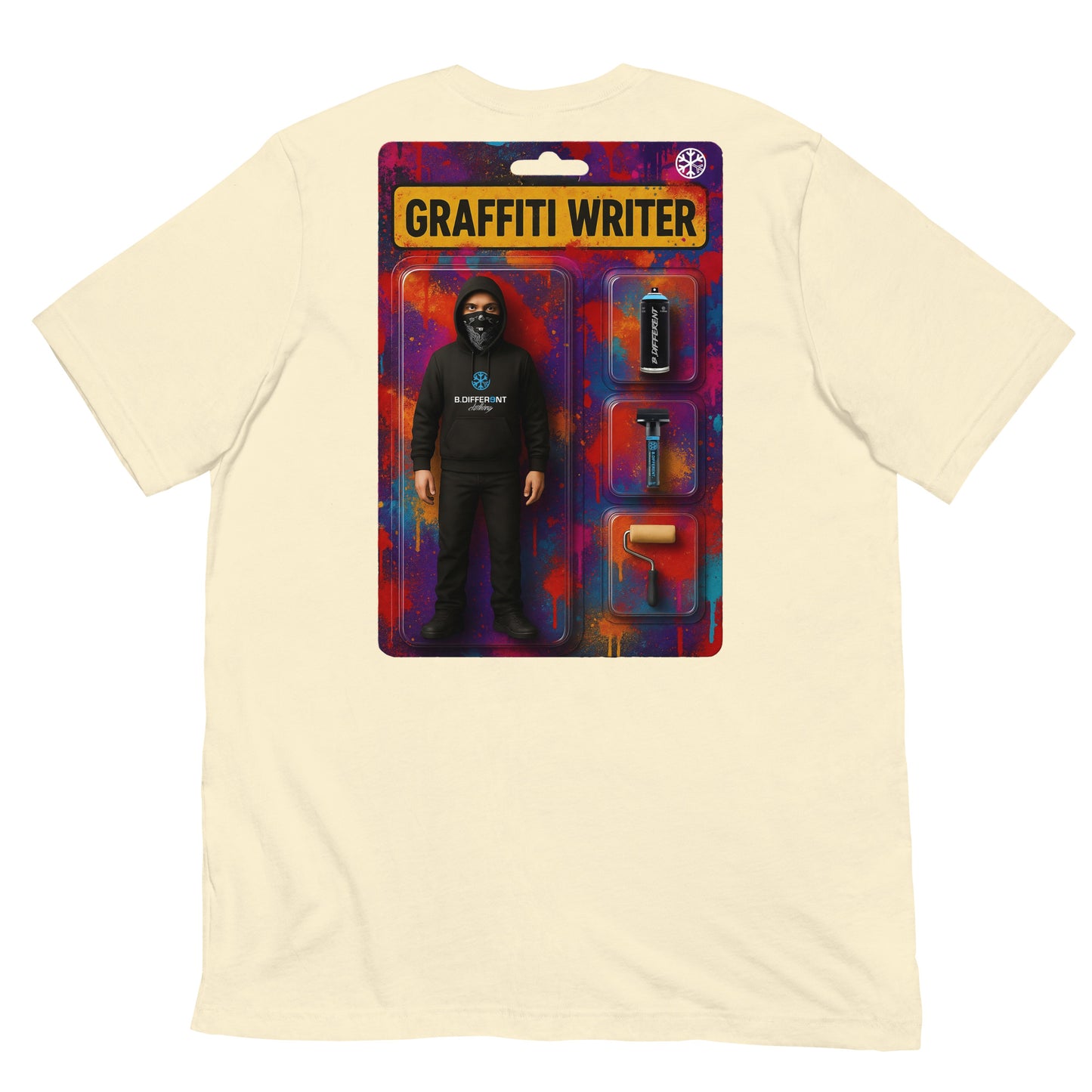 Beige-Graffiti Artist Action Figure Tee from B.Different Clothing, back view, graffiti-inspired streetwear t-shirt