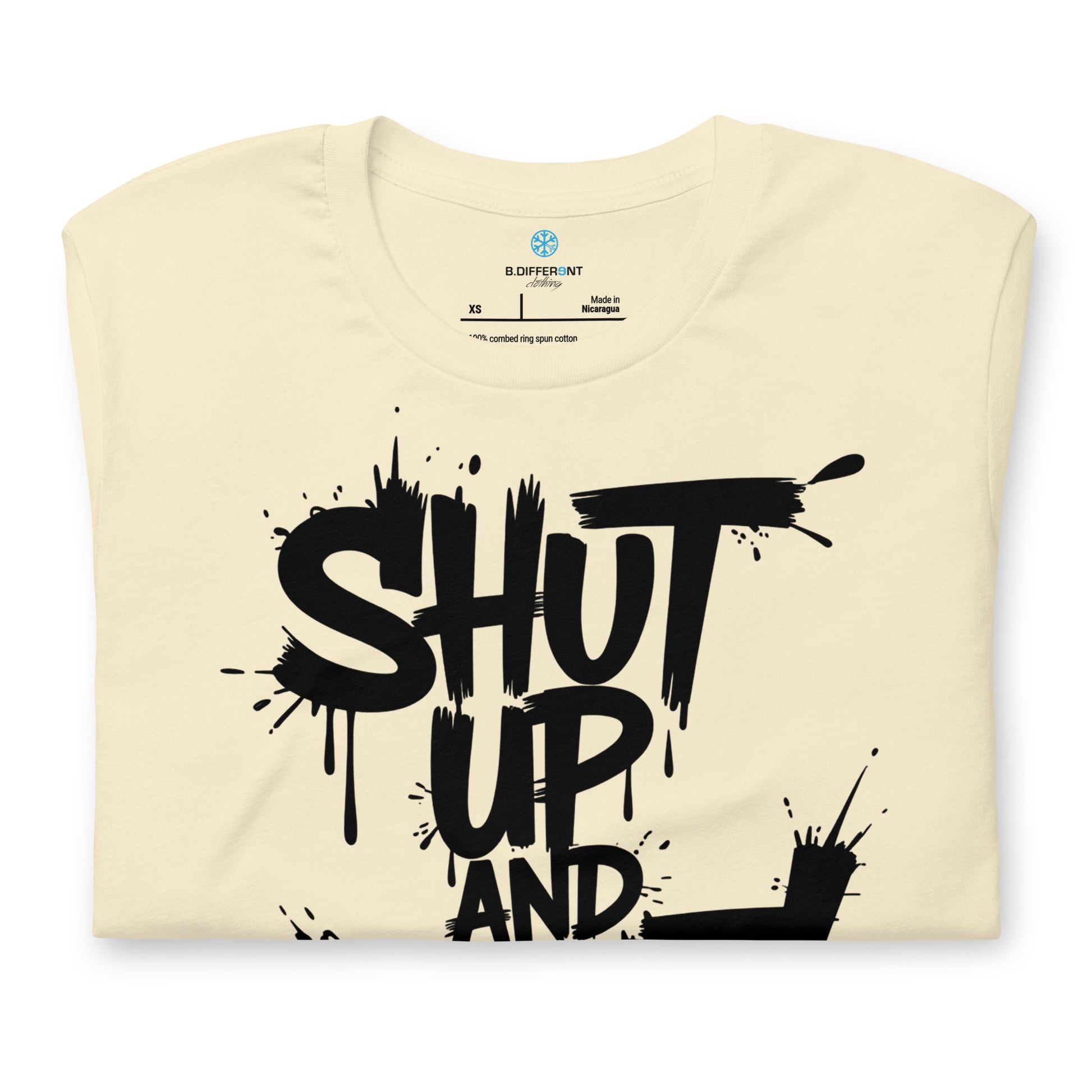 Beige-Shut Up and Paint Graffiti Tee from B.Different Clothing, folded, graffiti-inspired streetwear t-shirt