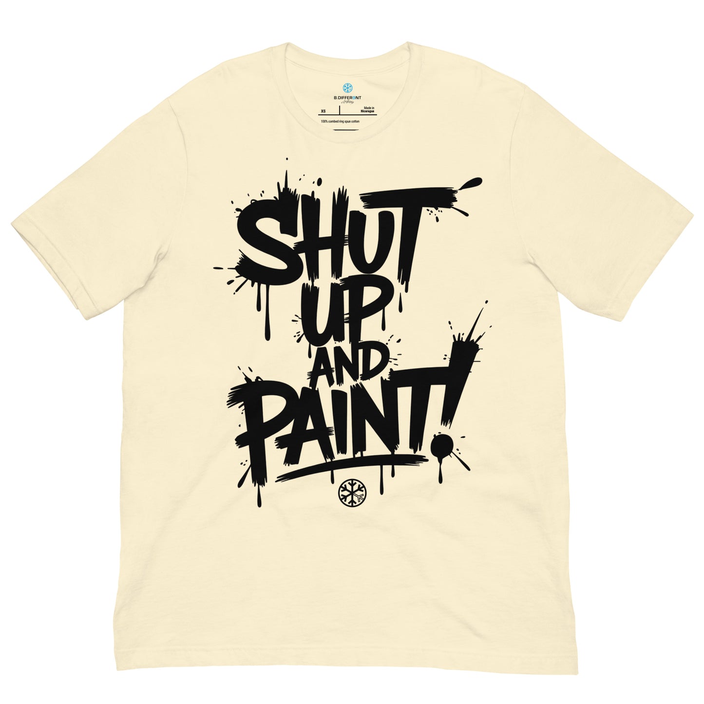 Beige-Shut Up and Paint Graffiti Tee from B.Different Clothing, front view, graffiti-inspired streetwear t-shirt