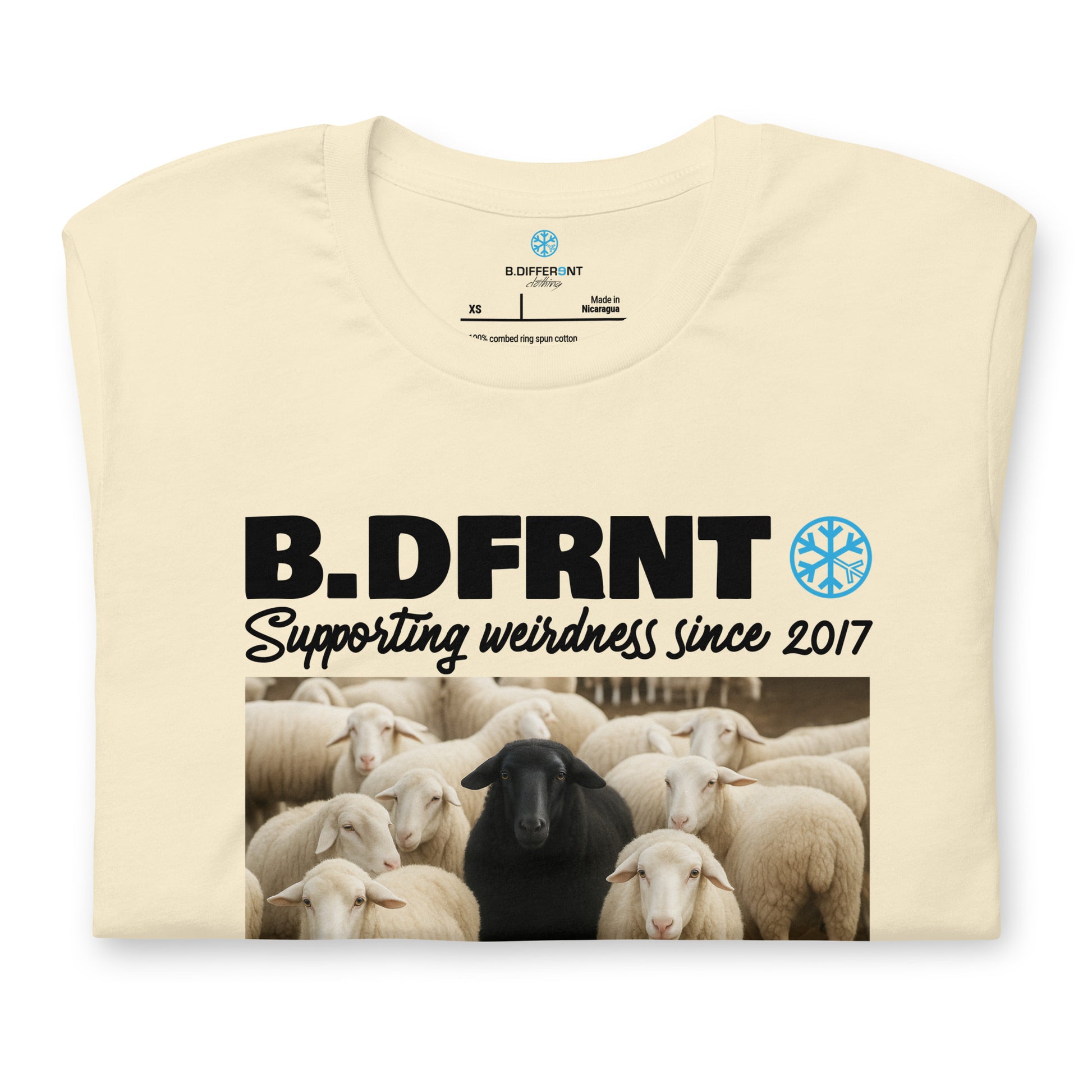 Beige-Black Sheep Tee from B.Different Clothing, folded, graffiti-inspired streetwear t-shirt