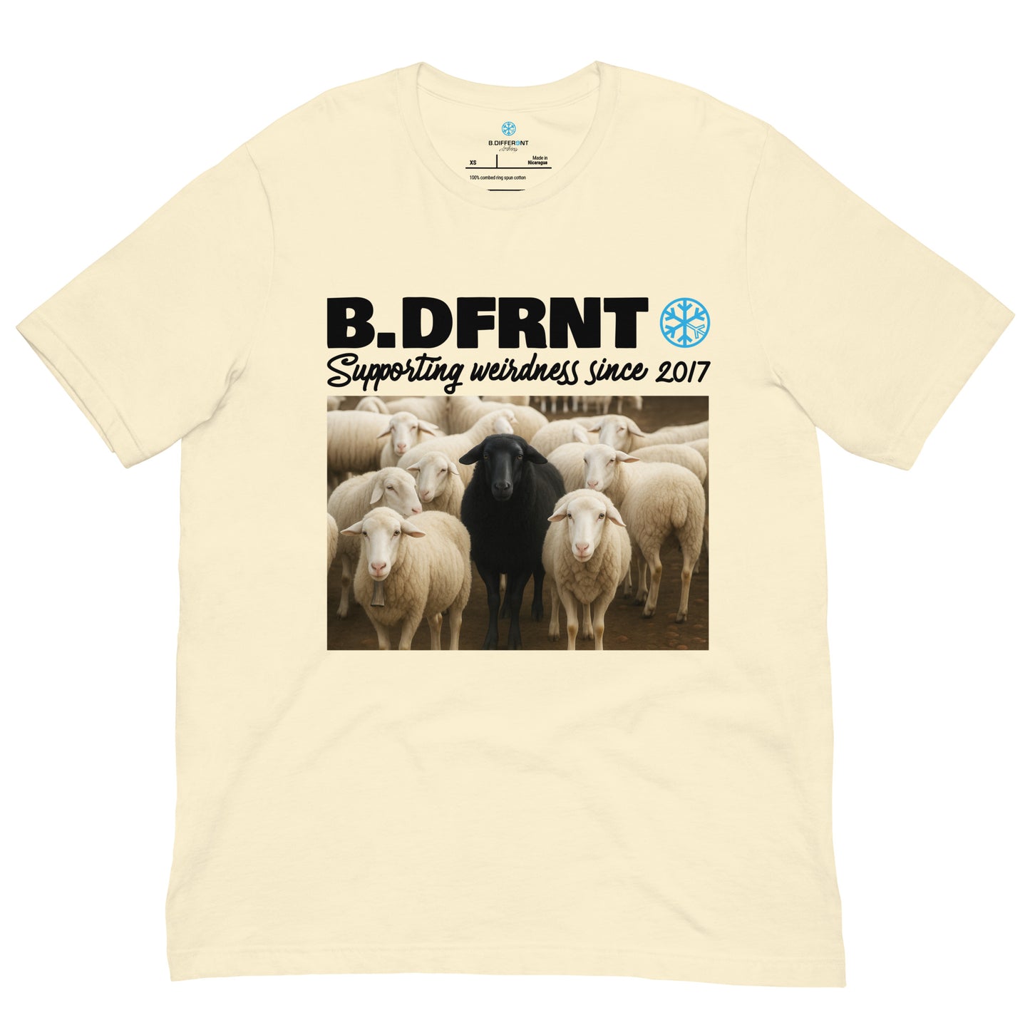 Beige-Black Sheep Tee from B.Different Clothing, front view, graffiti-inspired streetwear t-shirt