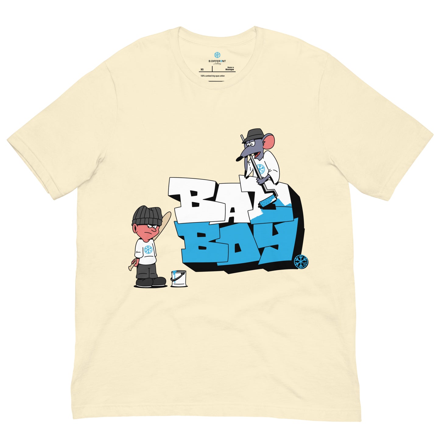 Beige-Bad Boy Graffiti Tee from B.Different Clothing, front view, graffiti-inspired streetwear t-shirt