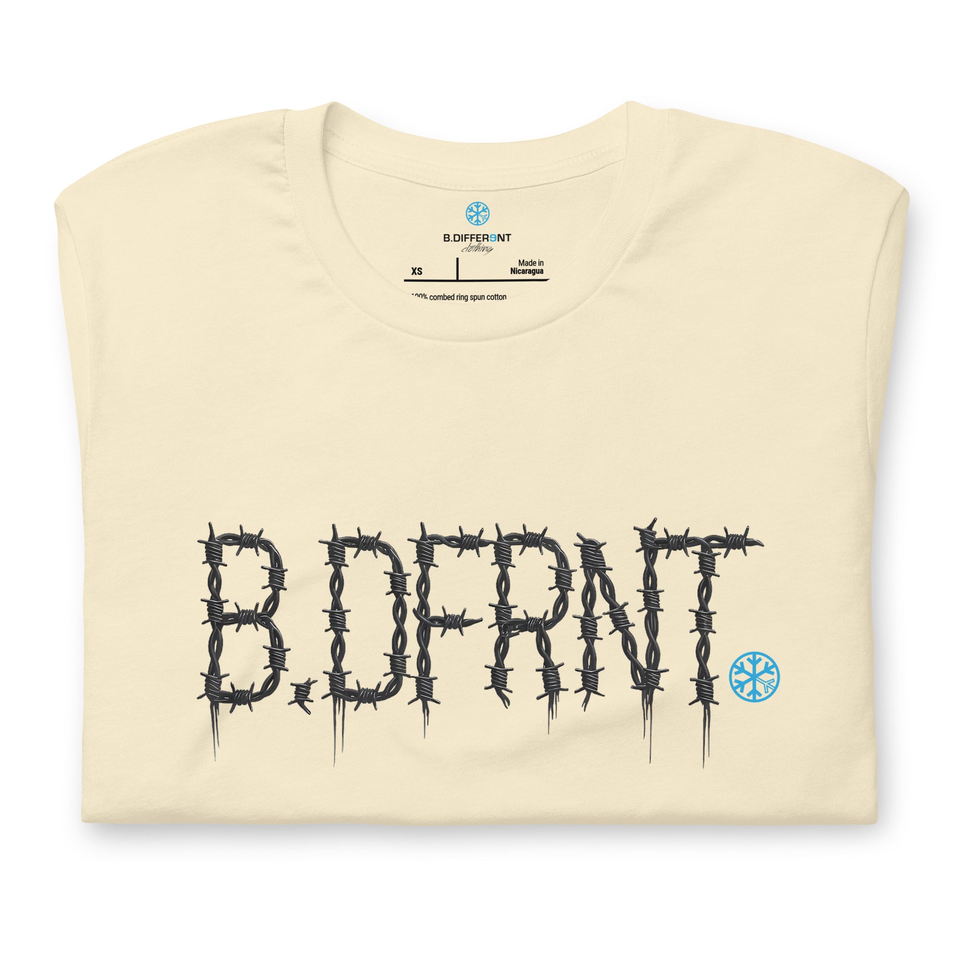 Beige-B.DFRNT Barbed Wire Tee from B.Different Clothing, folded, graffiti-inspired streetwear t-shirt