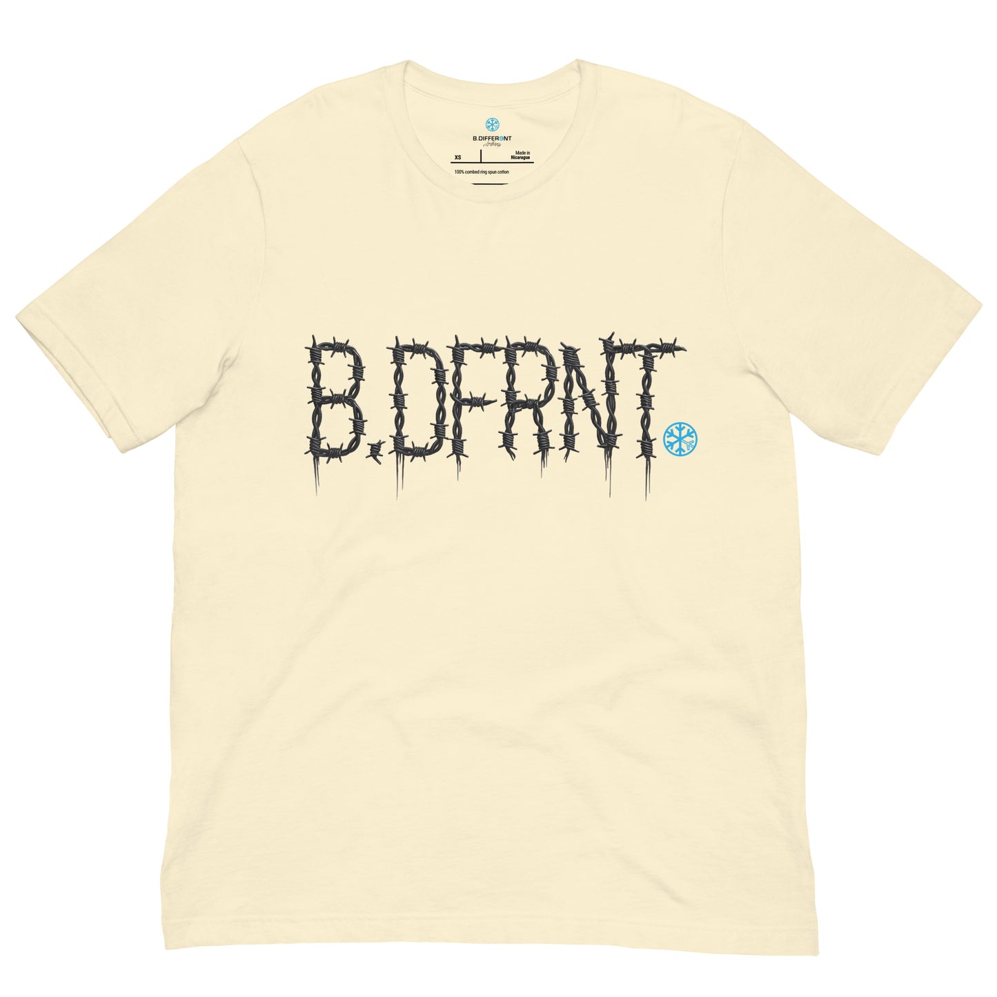 Beige-B.DFRNT Barbed Wire Tee from B.Different Clothing, front view, graffiti-inspired streetwear t-shirt