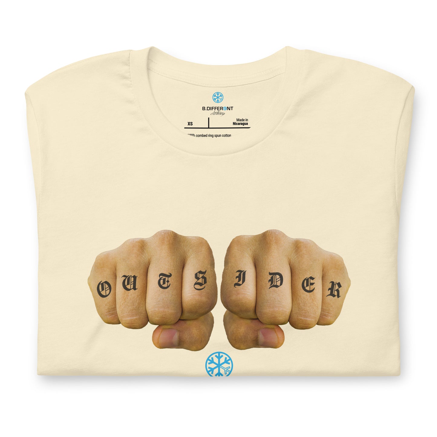Beige-Outsider Tattoo Tee from B.Different Clothing, folded, graffiti-inspired streetwear t-shirt