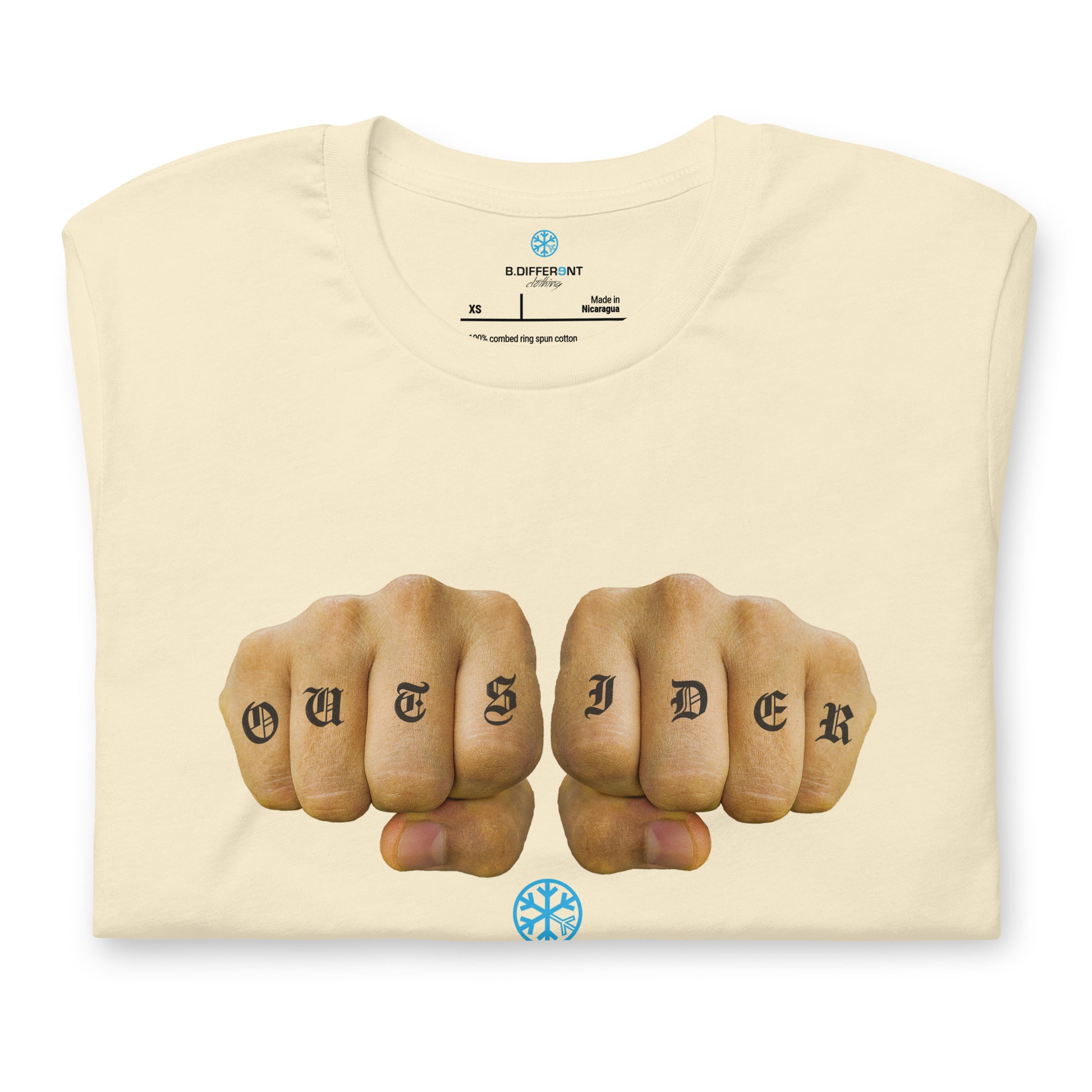 Beige-Outsider Tattoo Tee from B.Different Clothing, folded, graffiti-inspired streetwear t-shirt