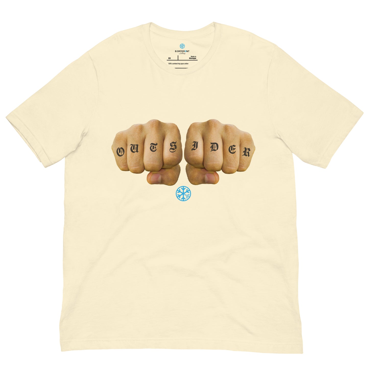 Beige-Outsider Tattoo Tee from B.Different Clothing, folded, graffiti-inspired streetwear t-shirt