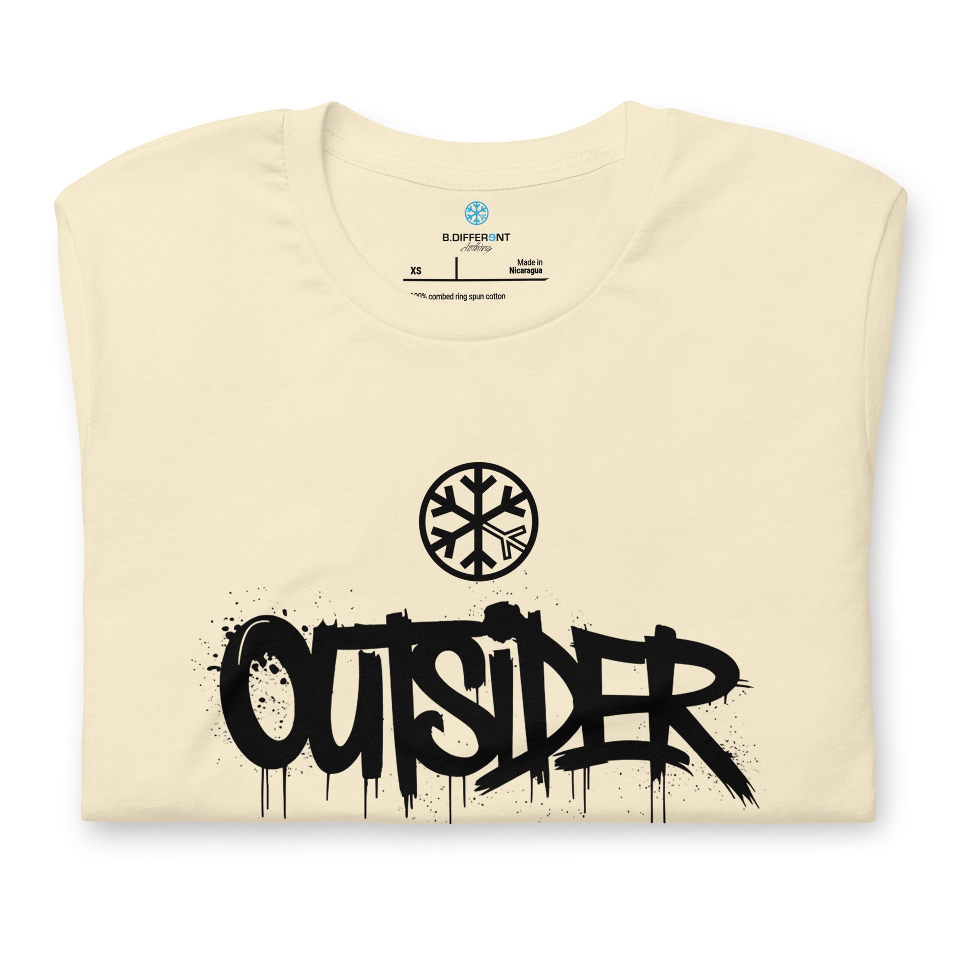 Beige-Outsider Graffiti Tag Tee from B.Different Clothing, folded, graffiti-inspired streetwear t-shirt