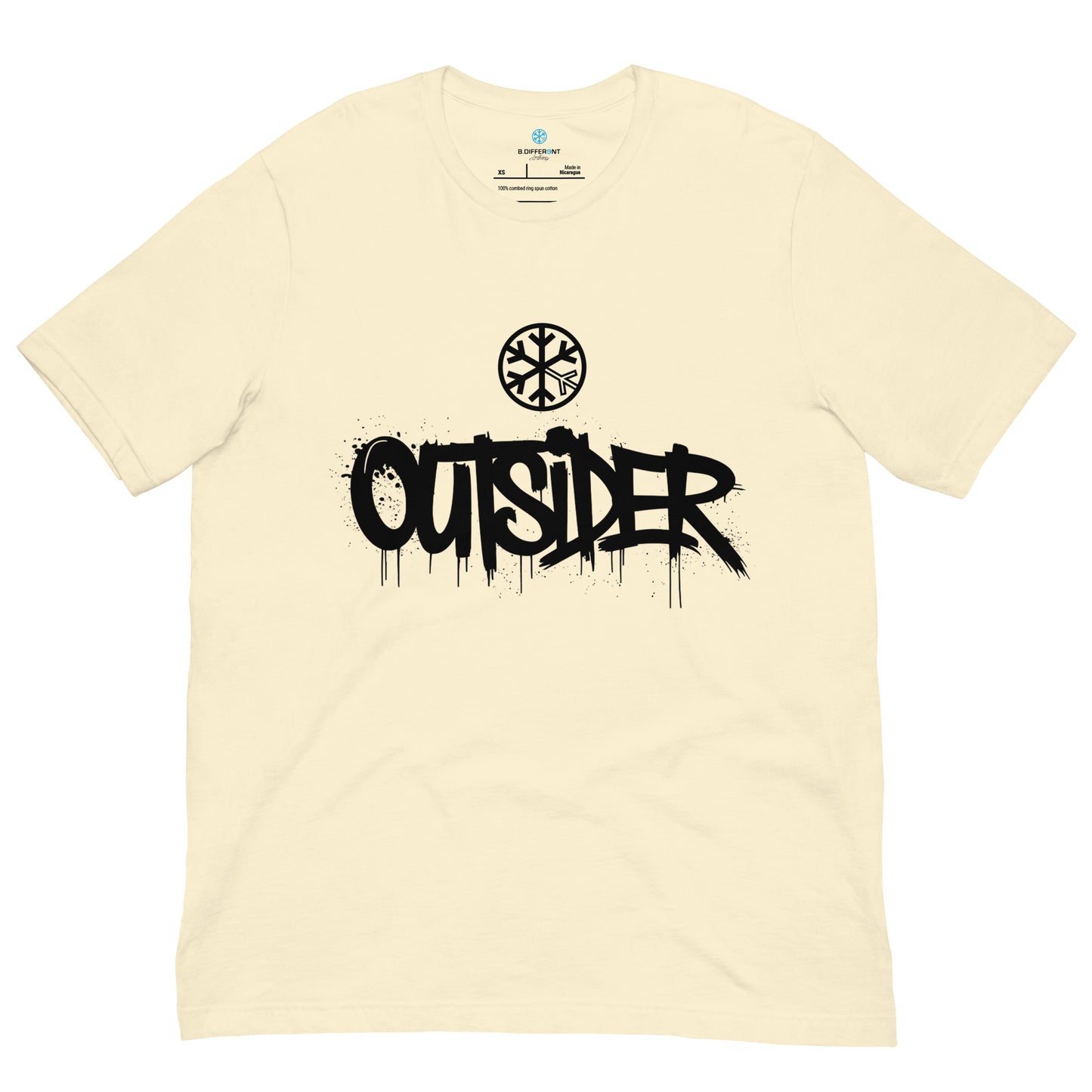 Beige-Outsider Graffiti Tag Tee from B.Different Clothing, front view, graffiti-inspired streetwear t-shirt