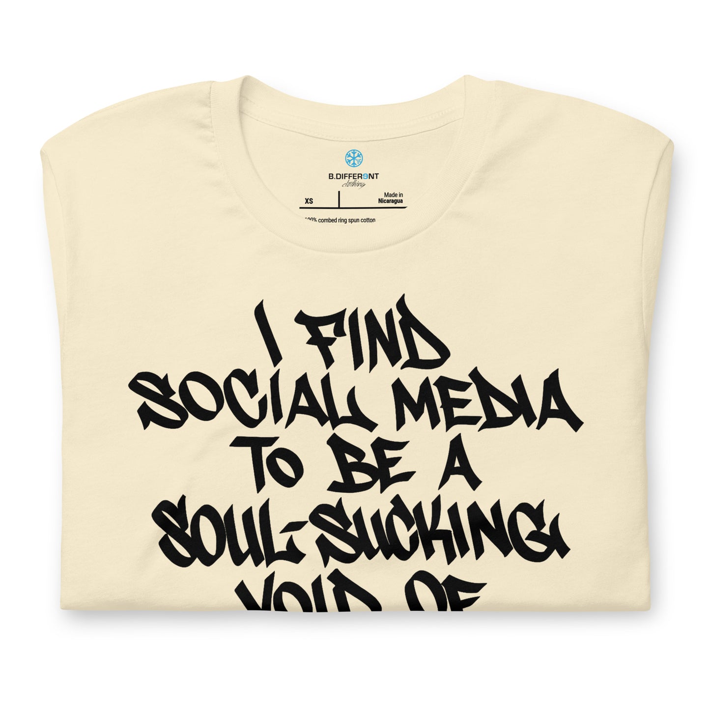 Beige-Social Media Graffiti Tag Tee from B.Different Clothing, folded, graffiti-inspired streetwear t-shirt