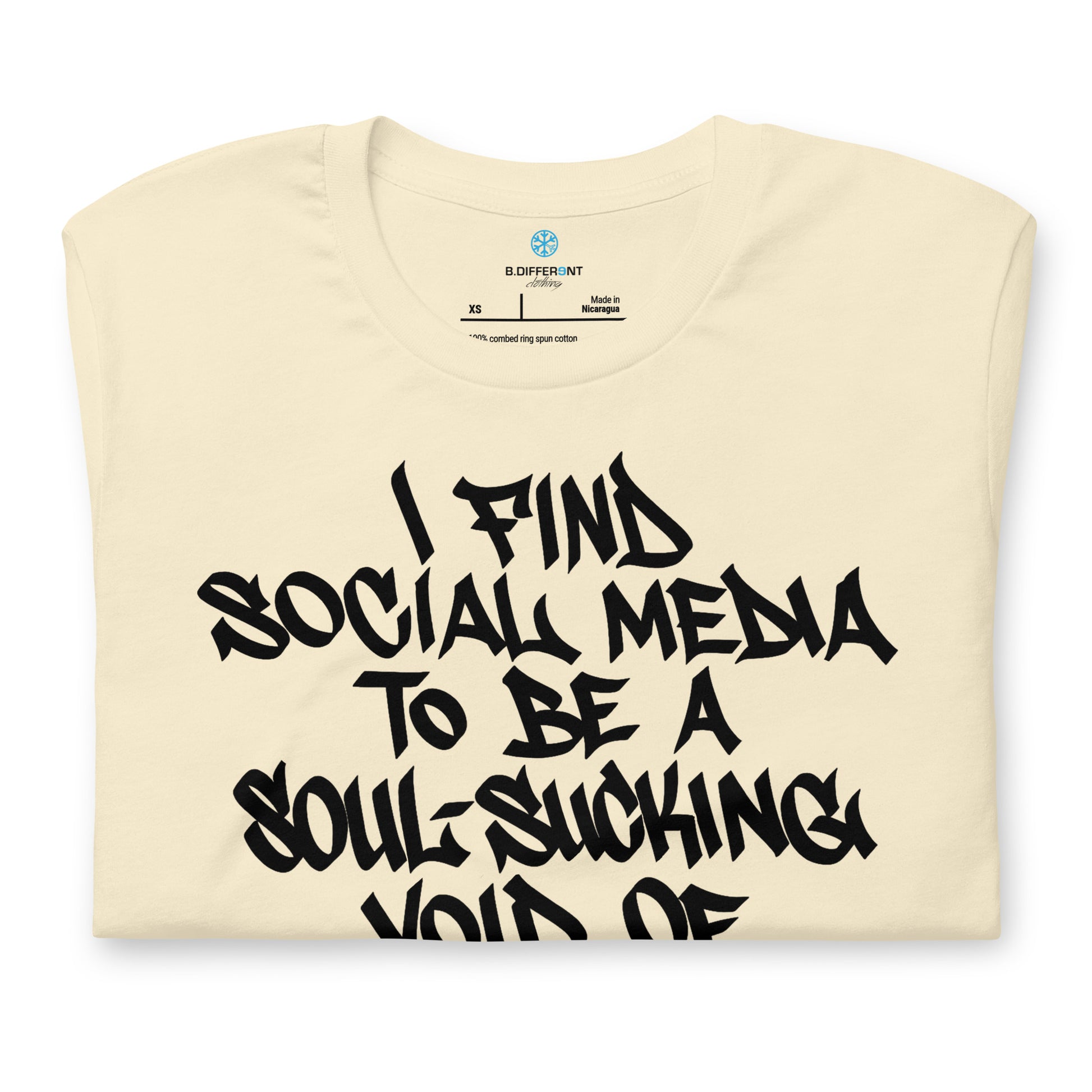 Beige-Social Media Graffiti Tag Tee from B.Different Clothing, folded, graffiti-inspired streetwear t-shirt