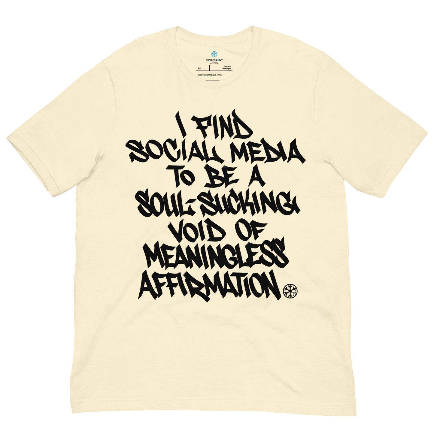 Beige-Social Media Graffiti Tag Tee from B.Different Clothing, front view, graffiti-inspired streetwear t-shirt