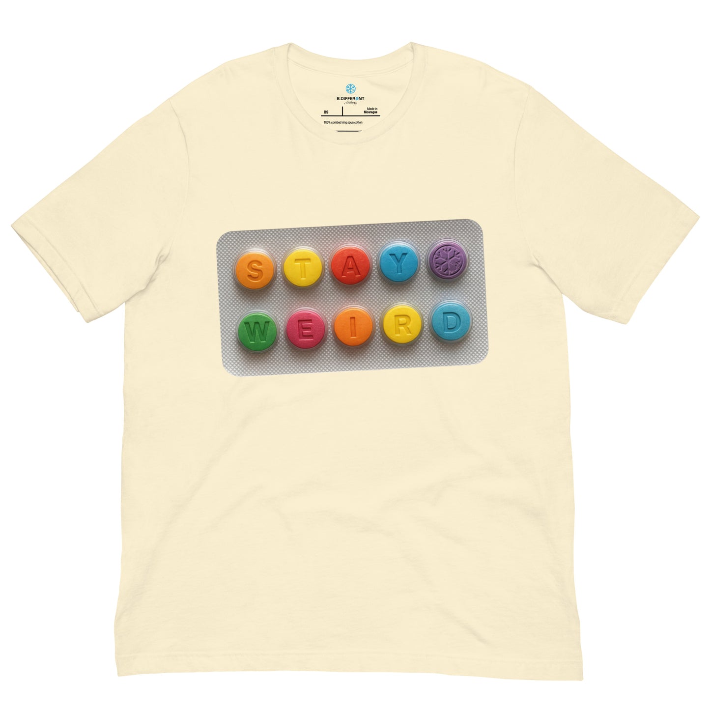 Beige-Stay Weird Pills Tee from B.Different Clothing, front view, graffiti-inspired streetwear t-shirt