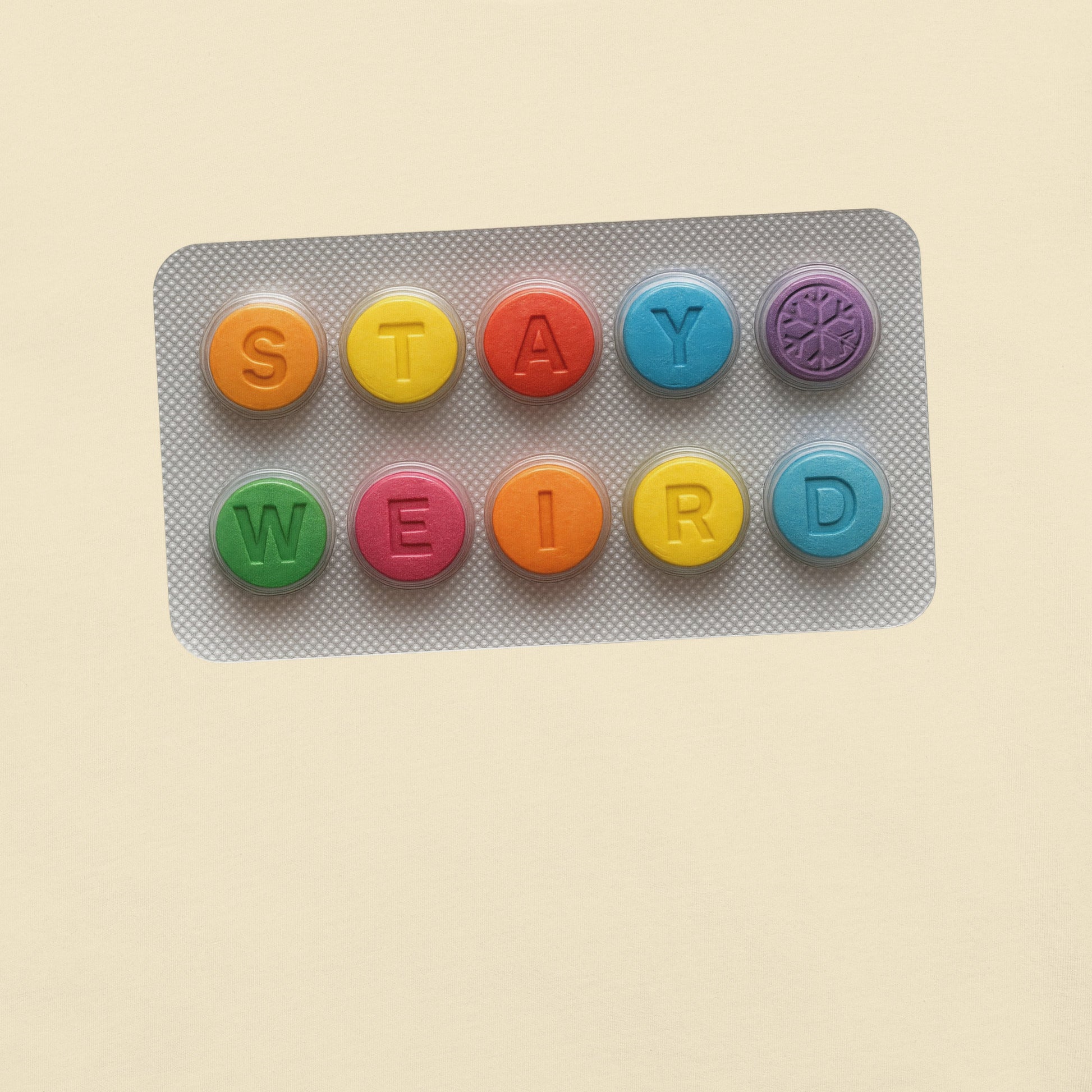 Beige-Stay Weird Pills Tee from B.Different Clothing, graphic, graffiti-inspired streetwear t-shirt