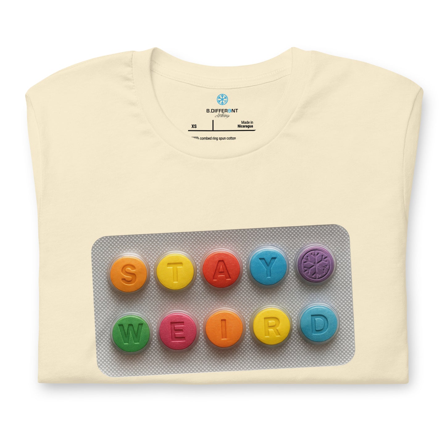 Beige-Stay Weird Pills Tee from B.Different Clothing, folded, graffiti-inspired streetwear t-shirt