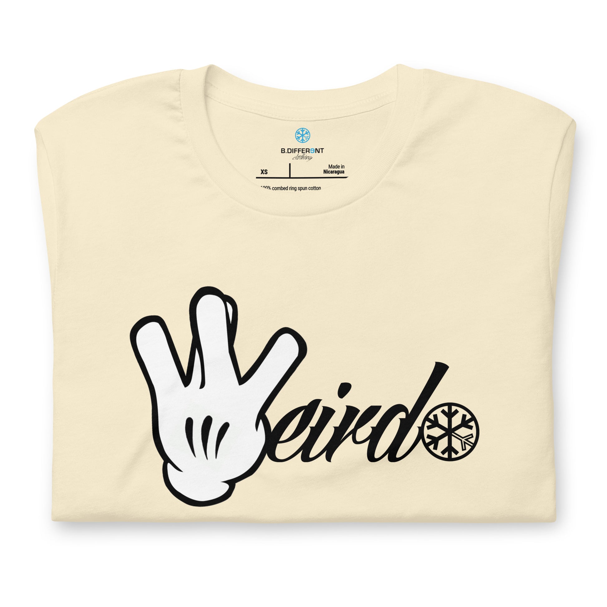 Beige-Weirdo Hand Sign Tee from B.Different Clothing, folded, graffiti-inspired streetwear t-shirt