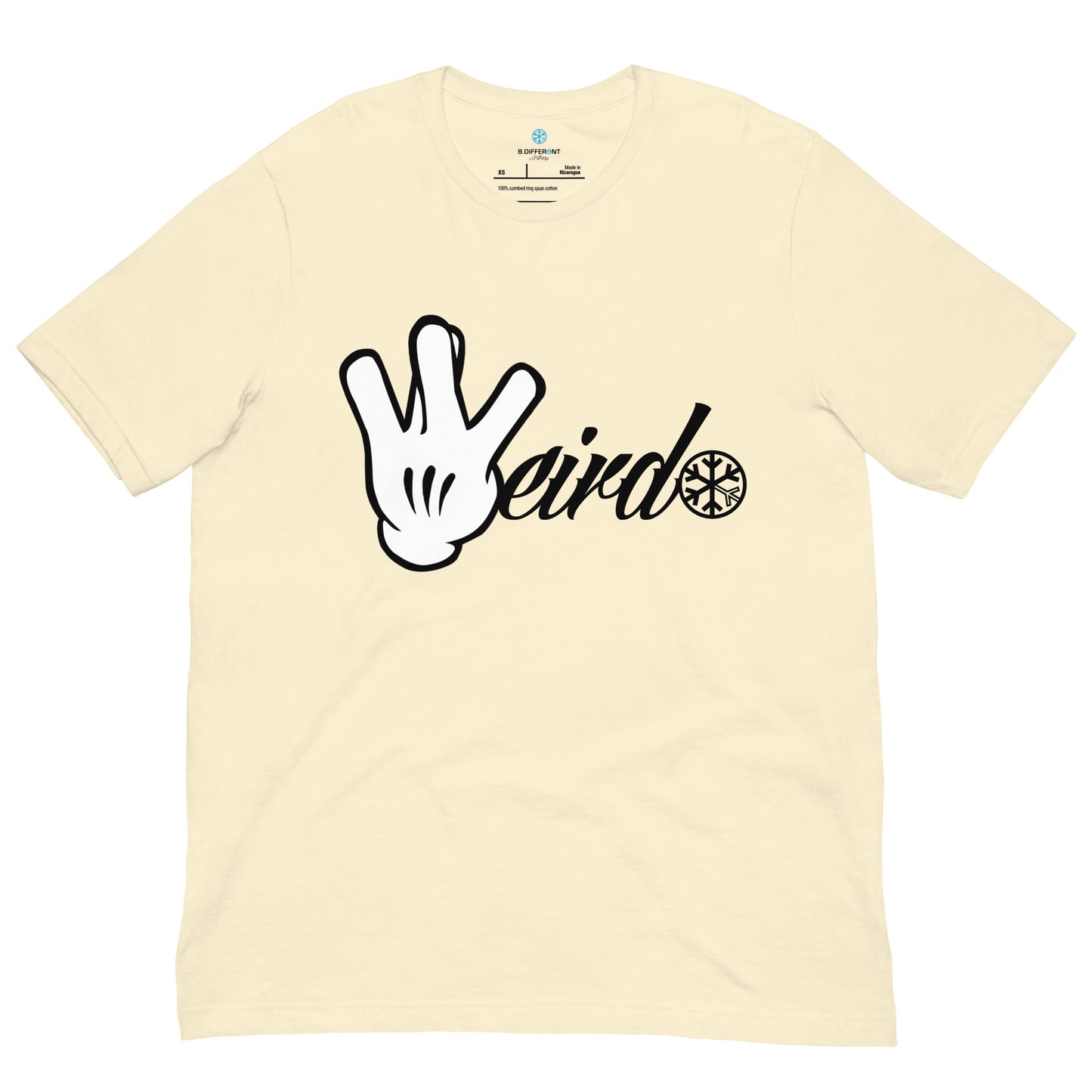 Beige-Weirdo Hand Sign Tee from B.Different Clothing, front view, graffiti-inspired streetwear t-shirt
