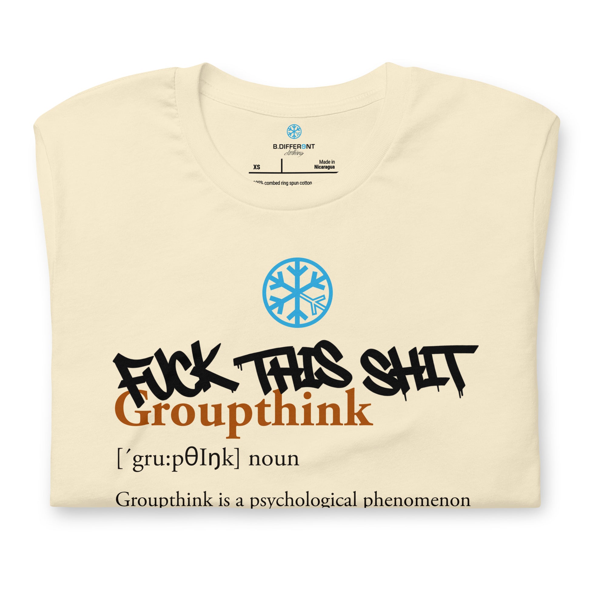 Beige-Groupthink Graffiti Tee from B.Different Clothing, folded, graffiti-inspired streetwear t-shirt