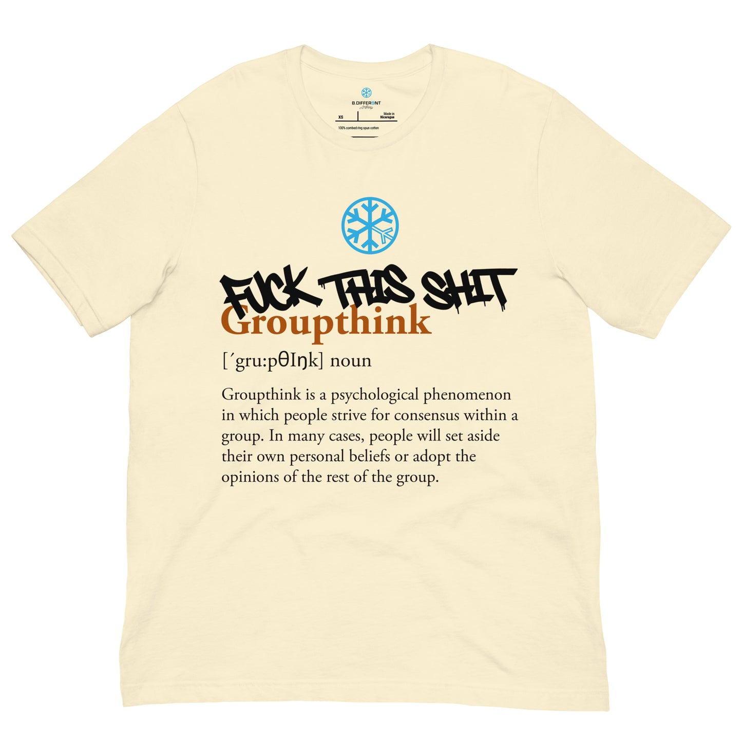 Beige-Groupthink Graffiti Tee from B.Different Clothing, front view, graffiti-inspired streetwear t-shirt