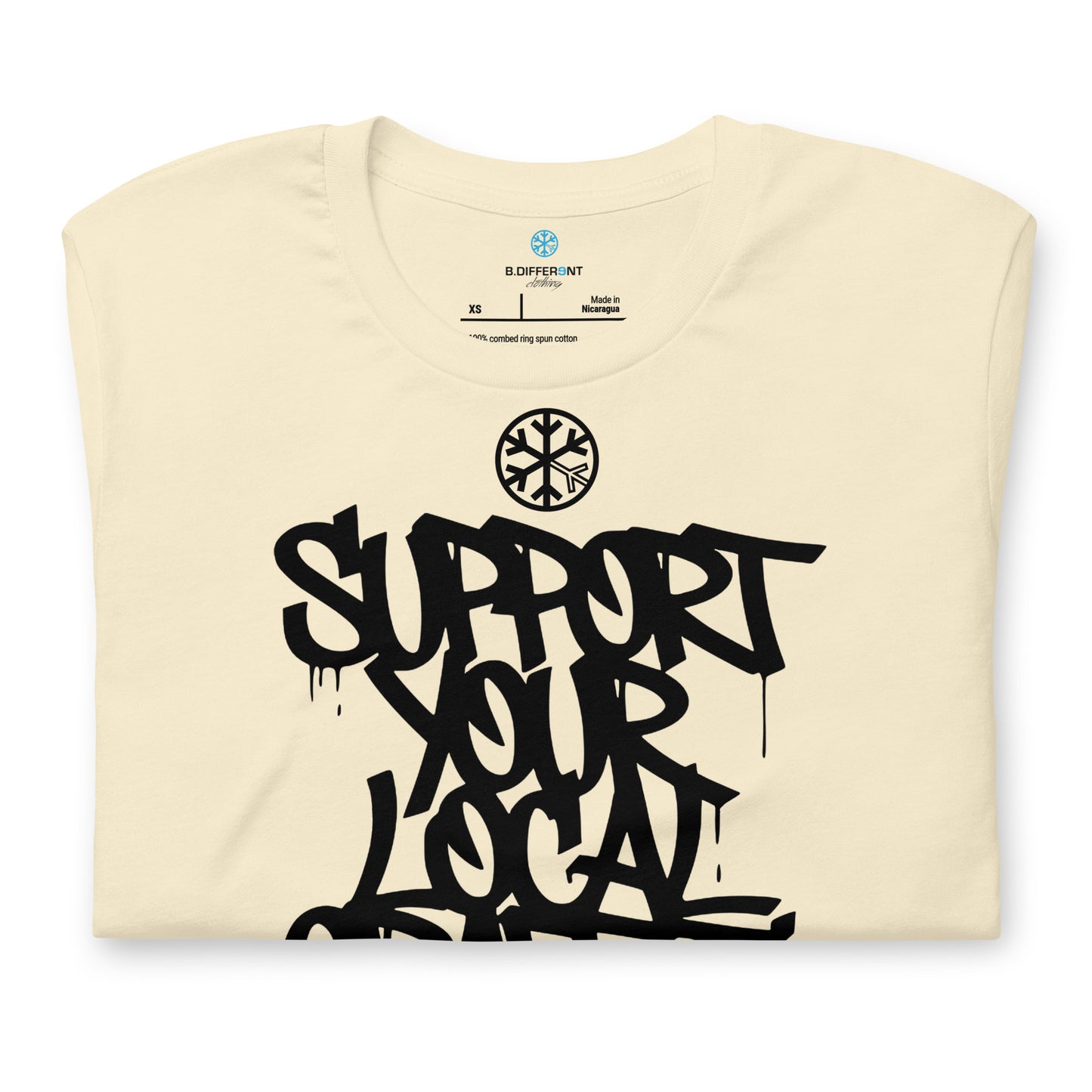 Beige-Support Your Local Graffiti Artists Tee from B.Different Clothing, folded, graffiti-inspired streetwear t-shirt