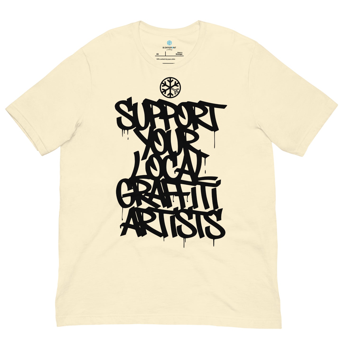 Beige-Support Your Local Graffiti Artists Tee from B.Different Clothing, front view, graffiti-inspired streetwear t-shirt