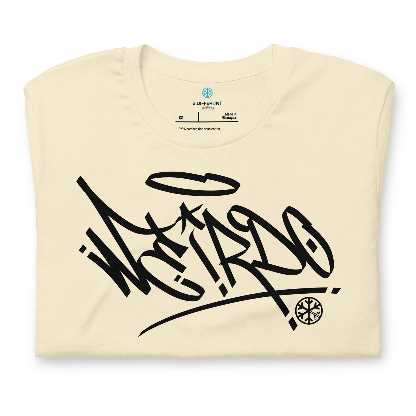 Beige-Weirdo Tag Graffiti Tee from B.Different Clothing, folded, graffiti-inspired streetwear t-shirt