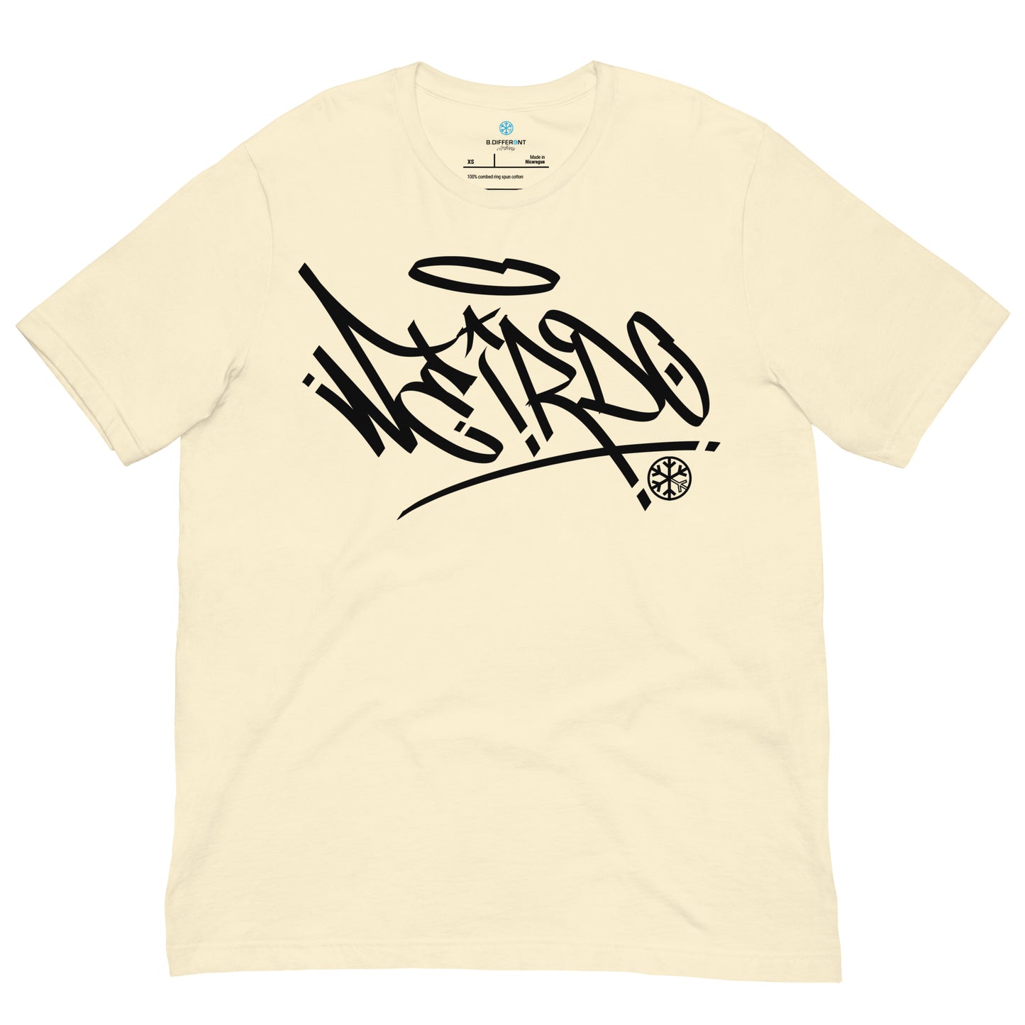Beige-Weirdo Tag Graffiti Tee from B.Different Clothing, front view, graffiti-inspired streetwear t-shirt
