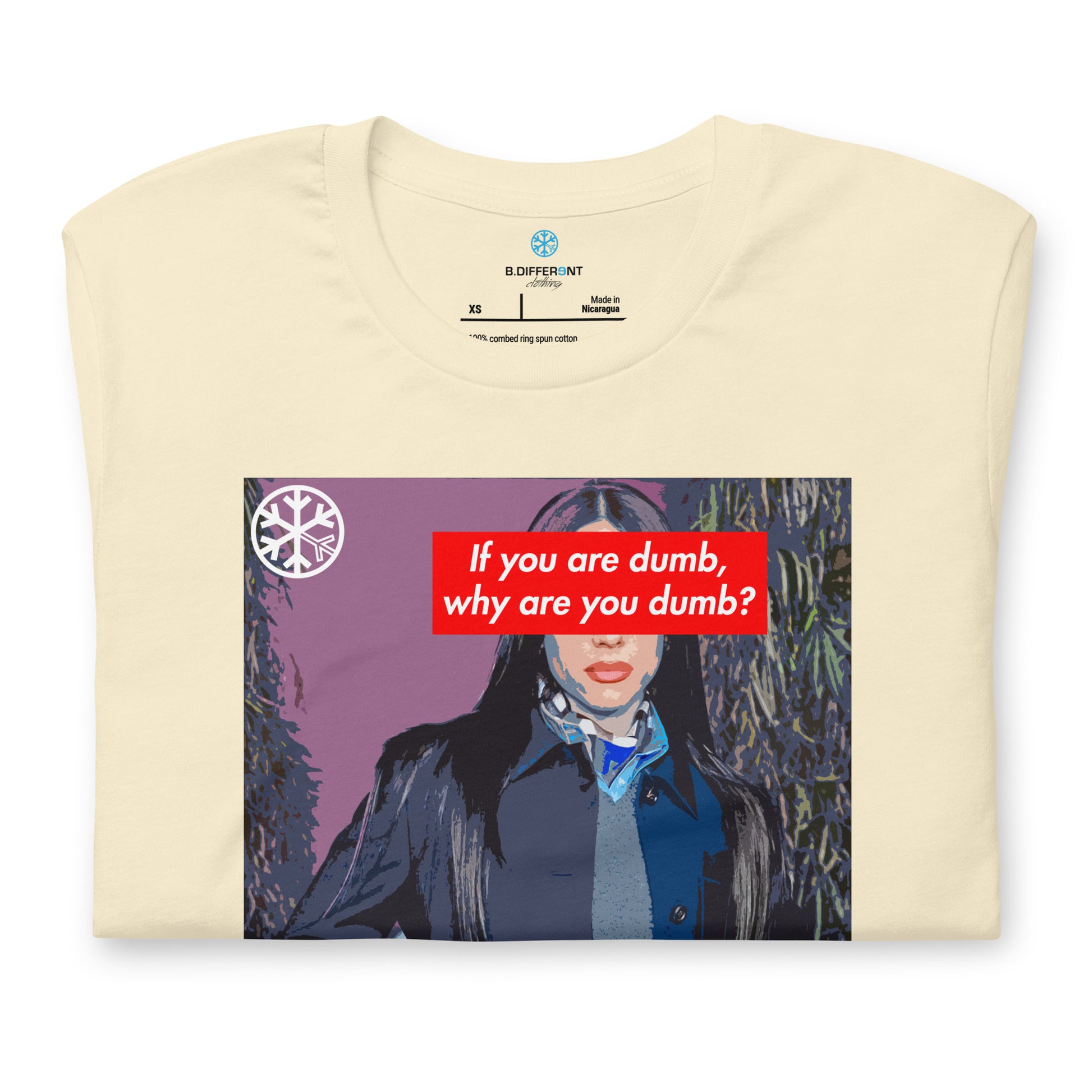 Beige-Why Are You Dumb Tee from B.Different Clothing, folded, graffiti-inspired streetwear t-shirt