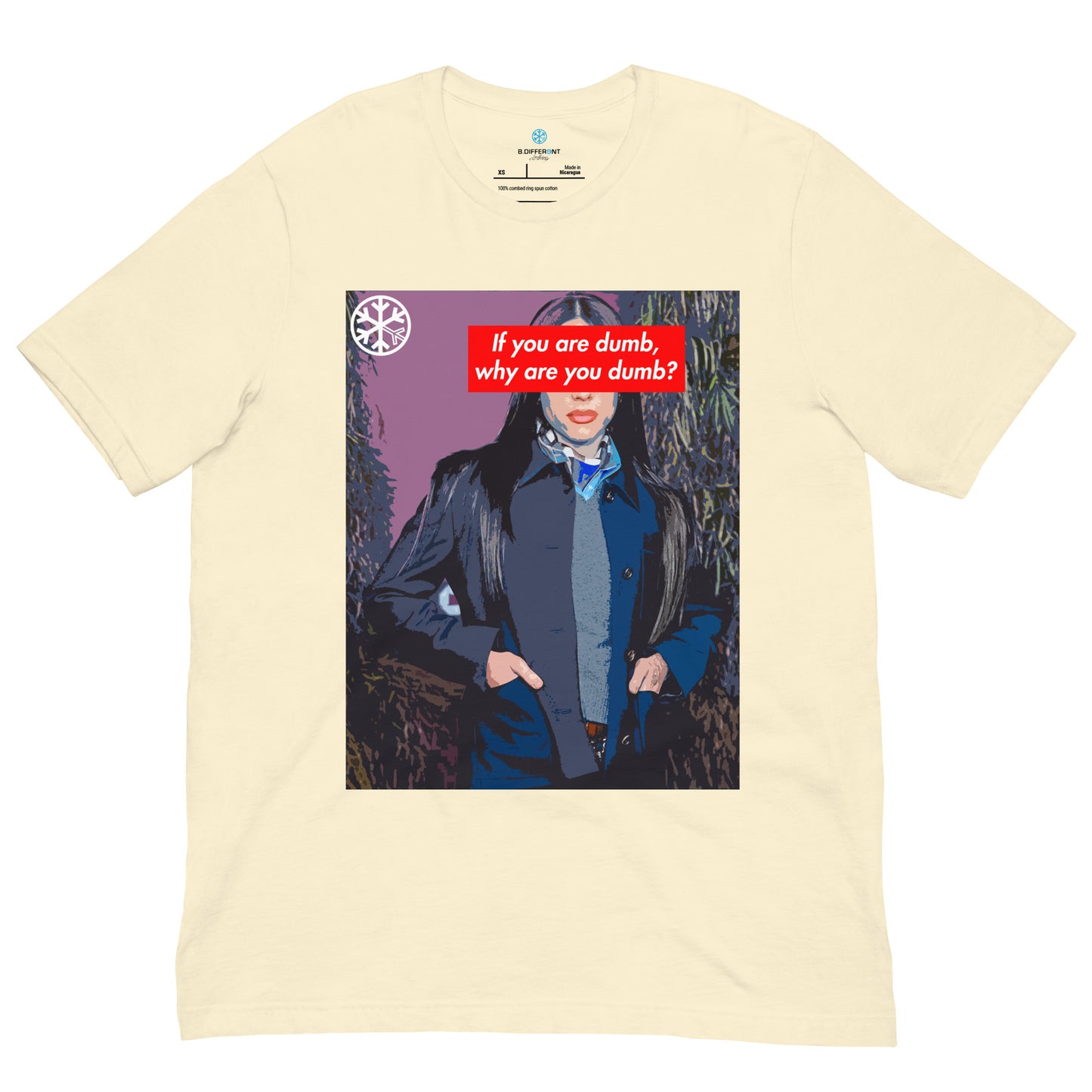 Beige-Why Are You Dumb Tee from B.Different Clothing, front view, graffiti-inspired streetwear t-shirt