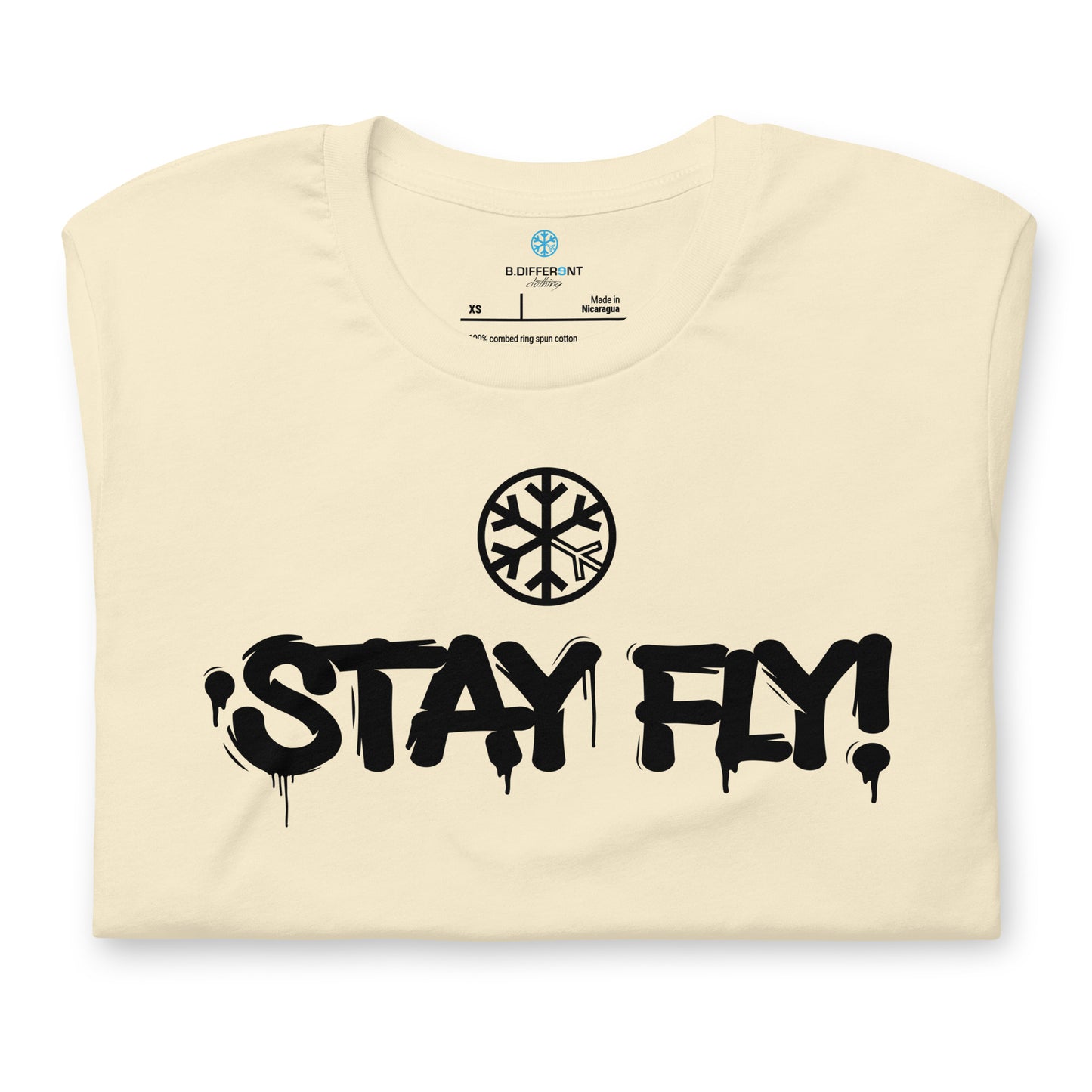 Beige-Stay Fly Graffiti Tag Tee from B.Different Clothing, folded, graffiti-inspired streetwear t-shirt