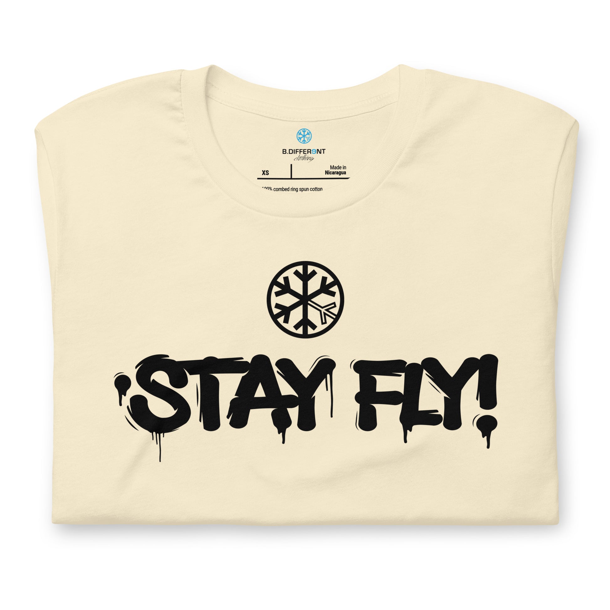 Beige-Stay Fly Graffiti Tag Tee from B.Different Clothing, folded, graffiti-inspired streetwear t-shirt