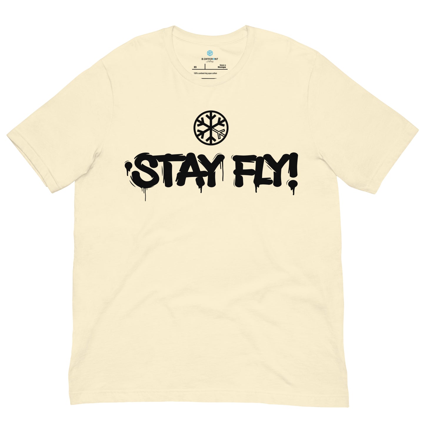 Beige-Stay Fly Graffiti Tag Tee from B.Different Clothing, front view, graffiti-inspired streetwear t-shirt