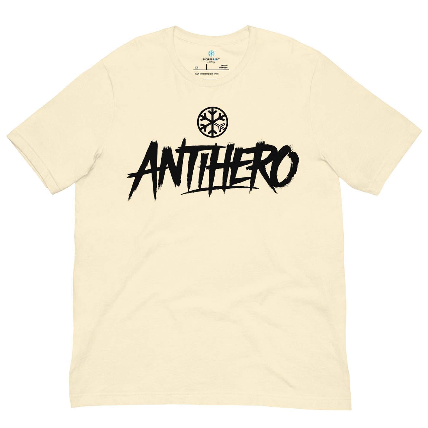 Beige-Antihero Graffiti Tag Tee from B.Different Clothing, front view, graffiti-inspired streetwear t-shirt