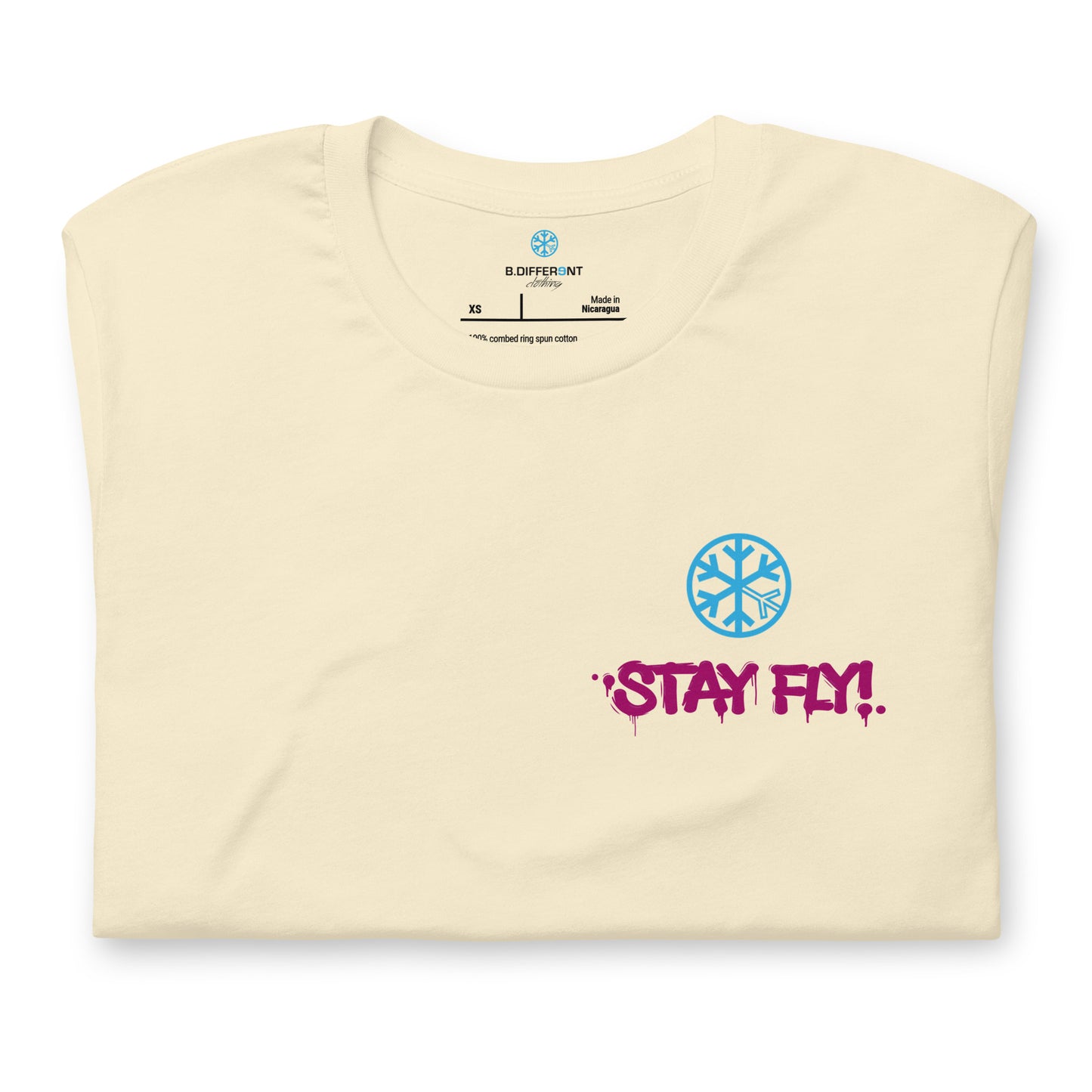 Beige-Stay Fly Graffiti Character Tee from B.Different Clothing, folded, graffiti-inspired streetwear t-shirt