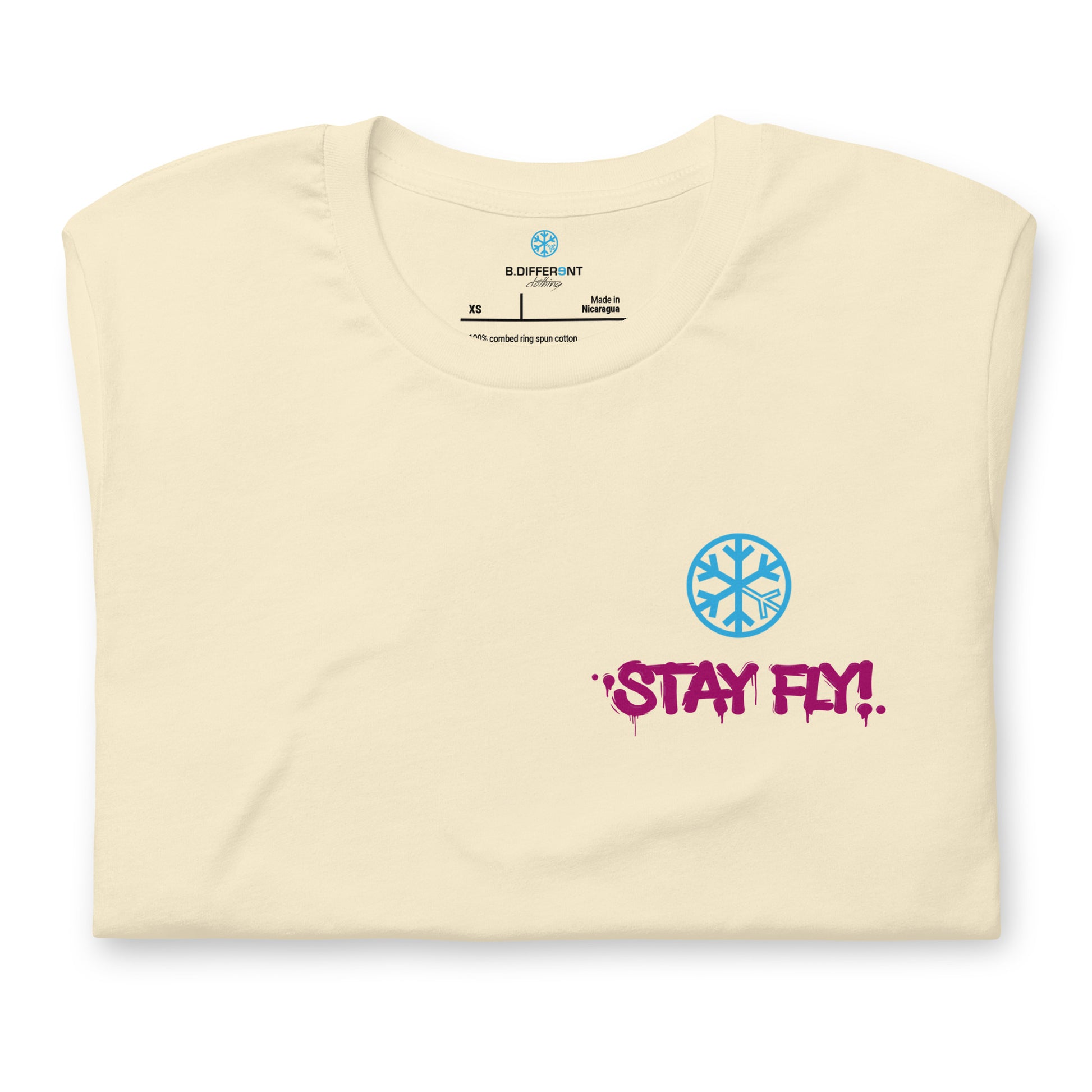 Beige-Stay Fly Graffiti Character Tee from B.Different Clothing, folded, graffiti-inspired streetwear t-shirt