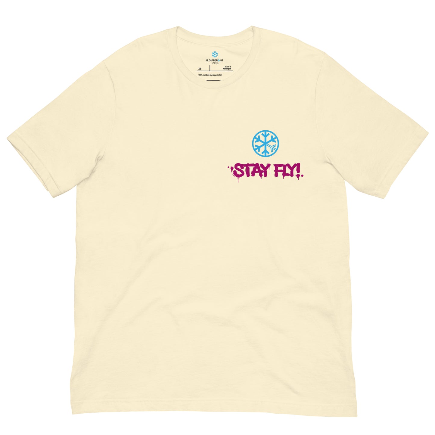 Beige-Stay Fly Graffiti Character Tee from B.Different Clothing, front view, graffiti-inspired streetwear t-shirt