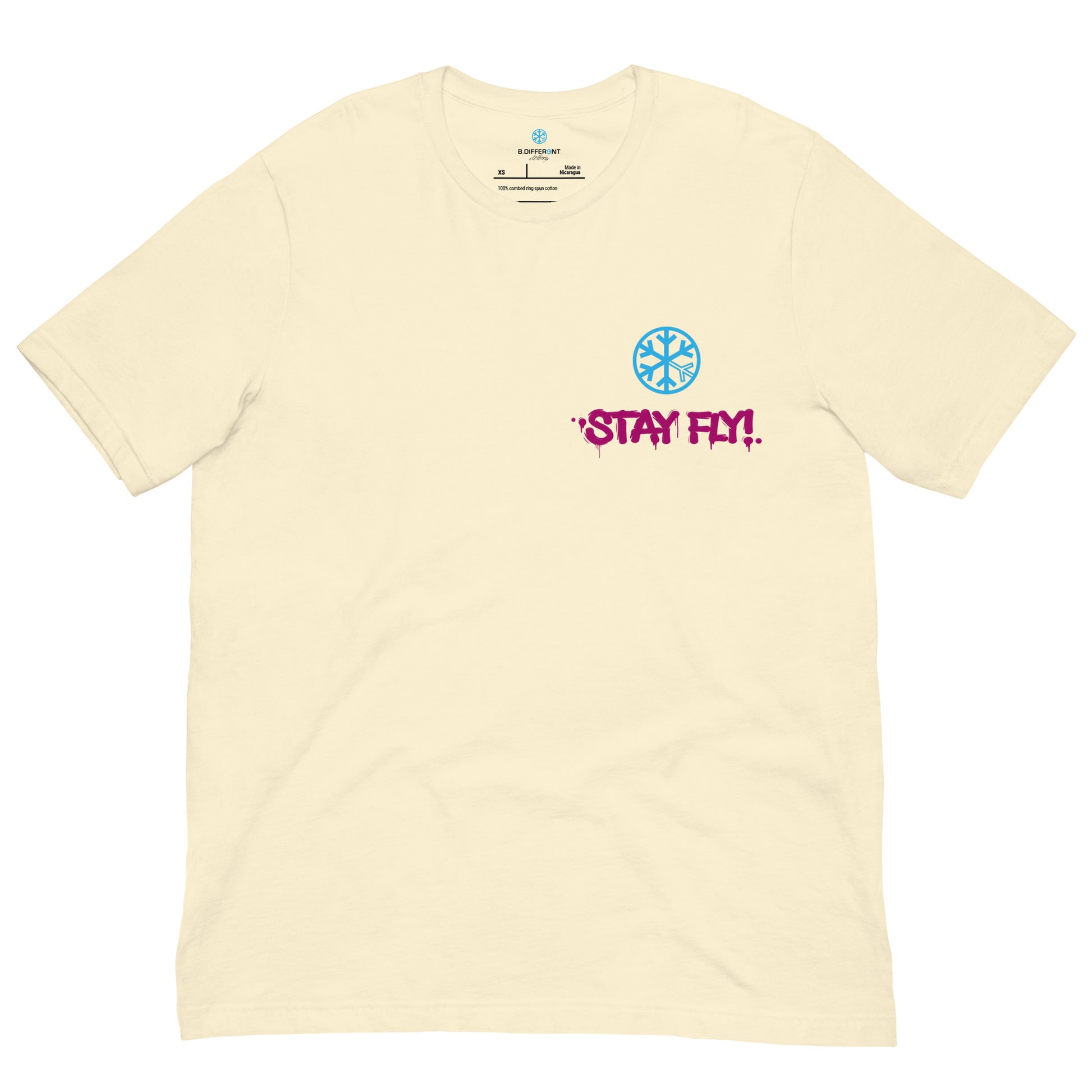 Beige-Stay Fly Graffiti Character Tee from B.Different Clothing, front view, graffiti-inspired streetwear t-shirt