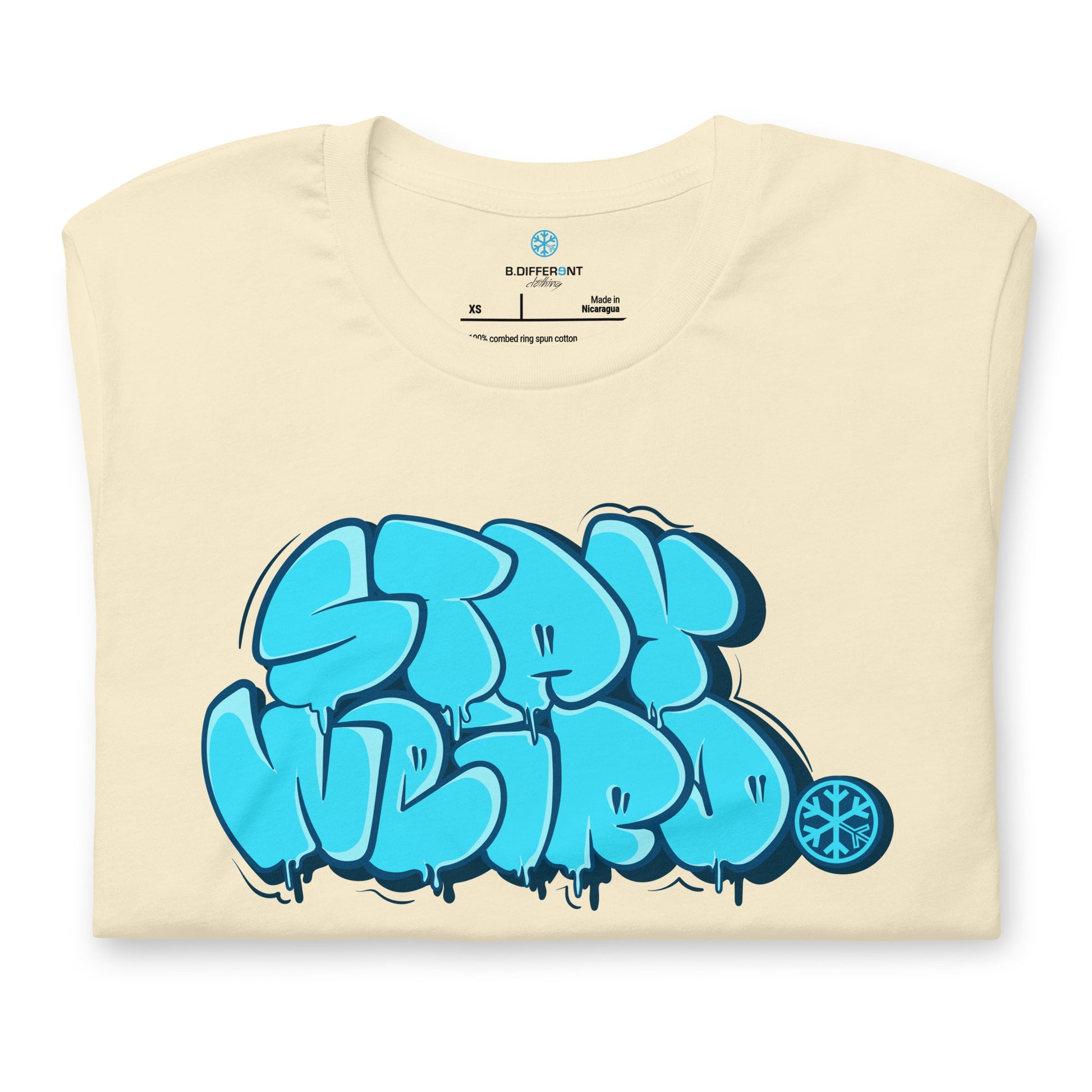 Beige-Stay Weird Graffiti Throw-up Tee from B.Different Clothing, folded, graffiti-inspired streetwear t-shirt