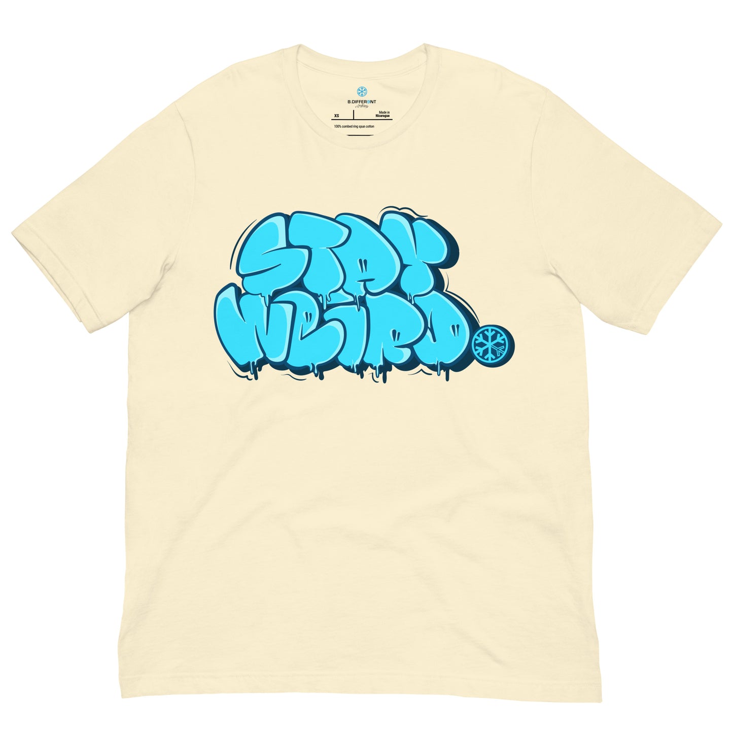 Beige-Stay Weird Graffiti Throw-up Tee from B.Different Clothing, front view, graffiti-inspired streetwear t-shirt
