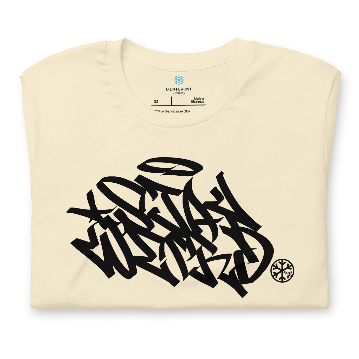 Beige-Stay Weird Graffiti Tag Tee from B.Different Clothing, folded, graffiti-inspired streetwear t-shirt