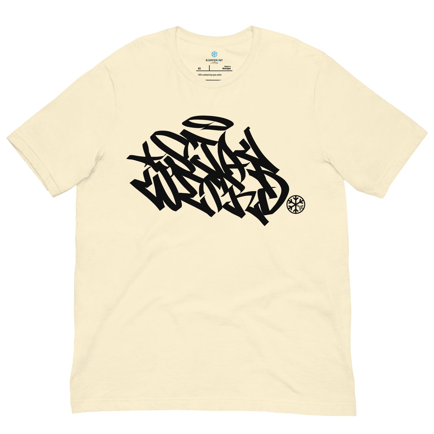 Beige-Stay Weird Graffiti Tag Tee from B.Different Clothing, front view, graffiti-inspired streetwear t-shirt
