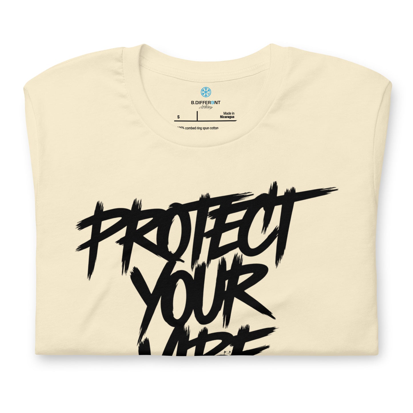 Beige-Protect Your Vibe Graffiti Tag Tee from B.Different Clothing, folded, graffiti-inspired streetwear t-shirt