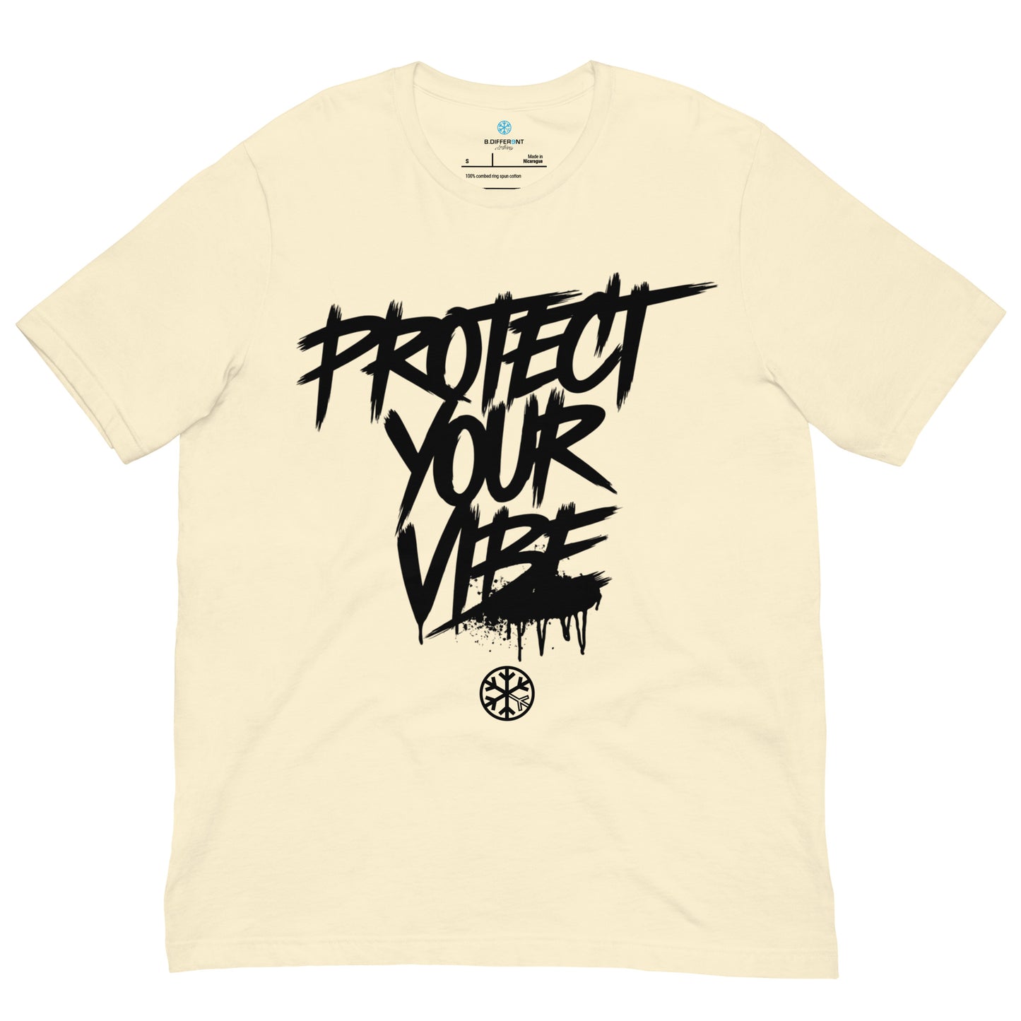 Beige-Protect Your Vibe Graffiti Tag Tee from B.Different Clothing, front view, graffiti-inspired streetwear t-shirt